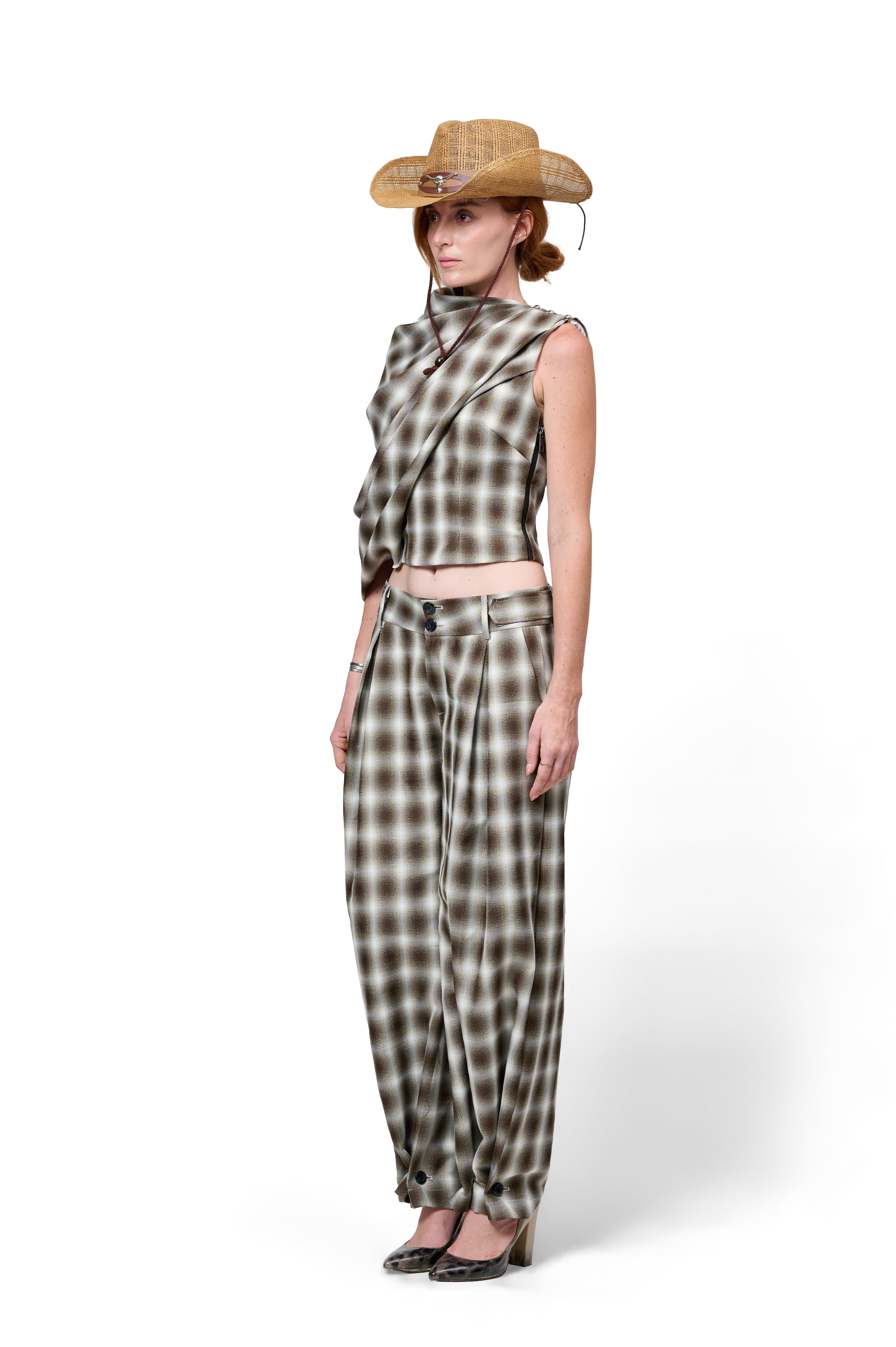 ASYMMETRICAL SLEEVELESS PLAID BLOUSE DRAPED SHOULDER HIGH WAIST LOOSE FIT PLAID TROUSERS