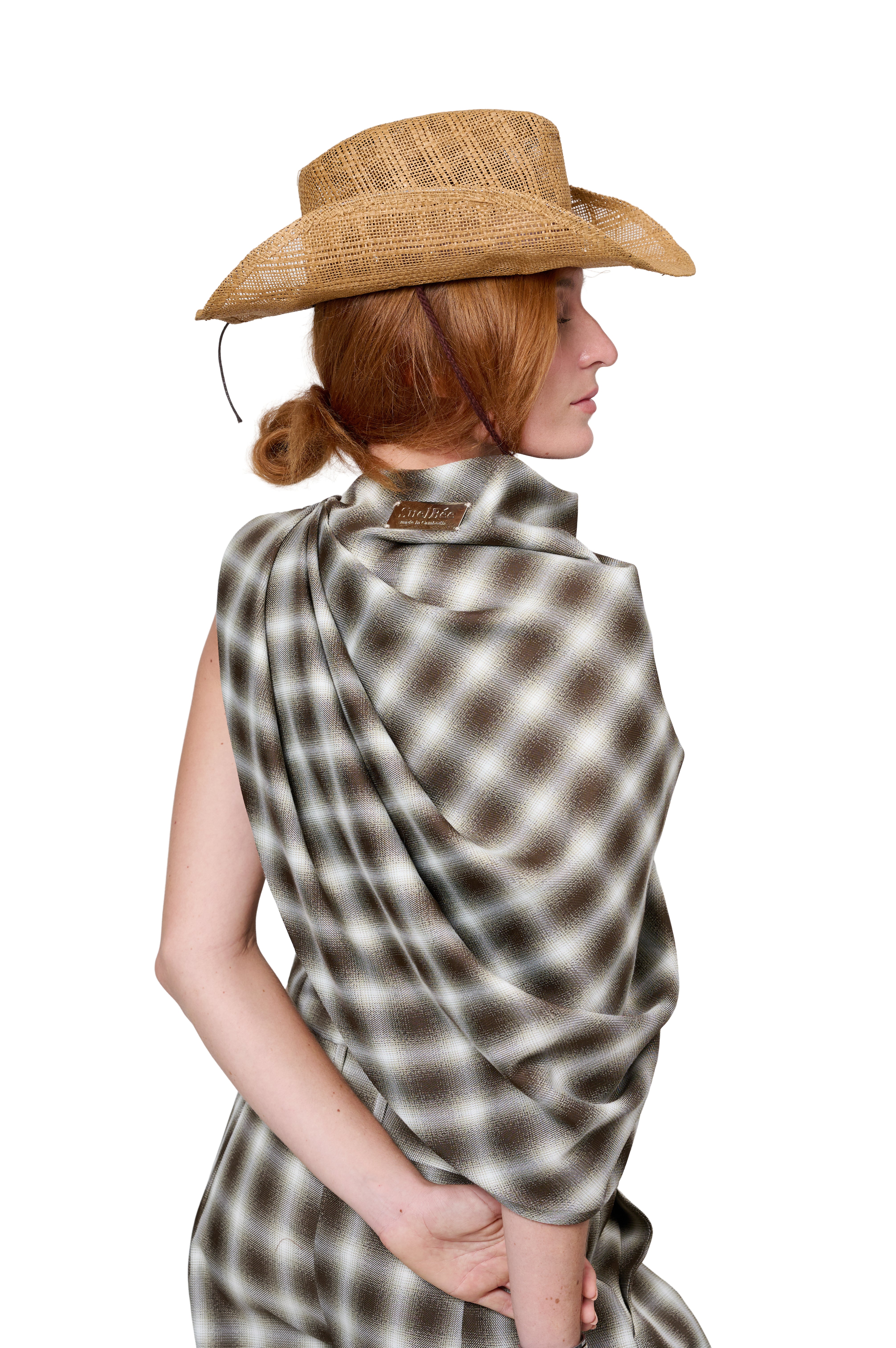 ASYMMETRICAL SLEEVELESS PLAID BLOUSE DRAPED SHOULDER HIGH WAIST LOOSE FIT PLAID TROUSERS