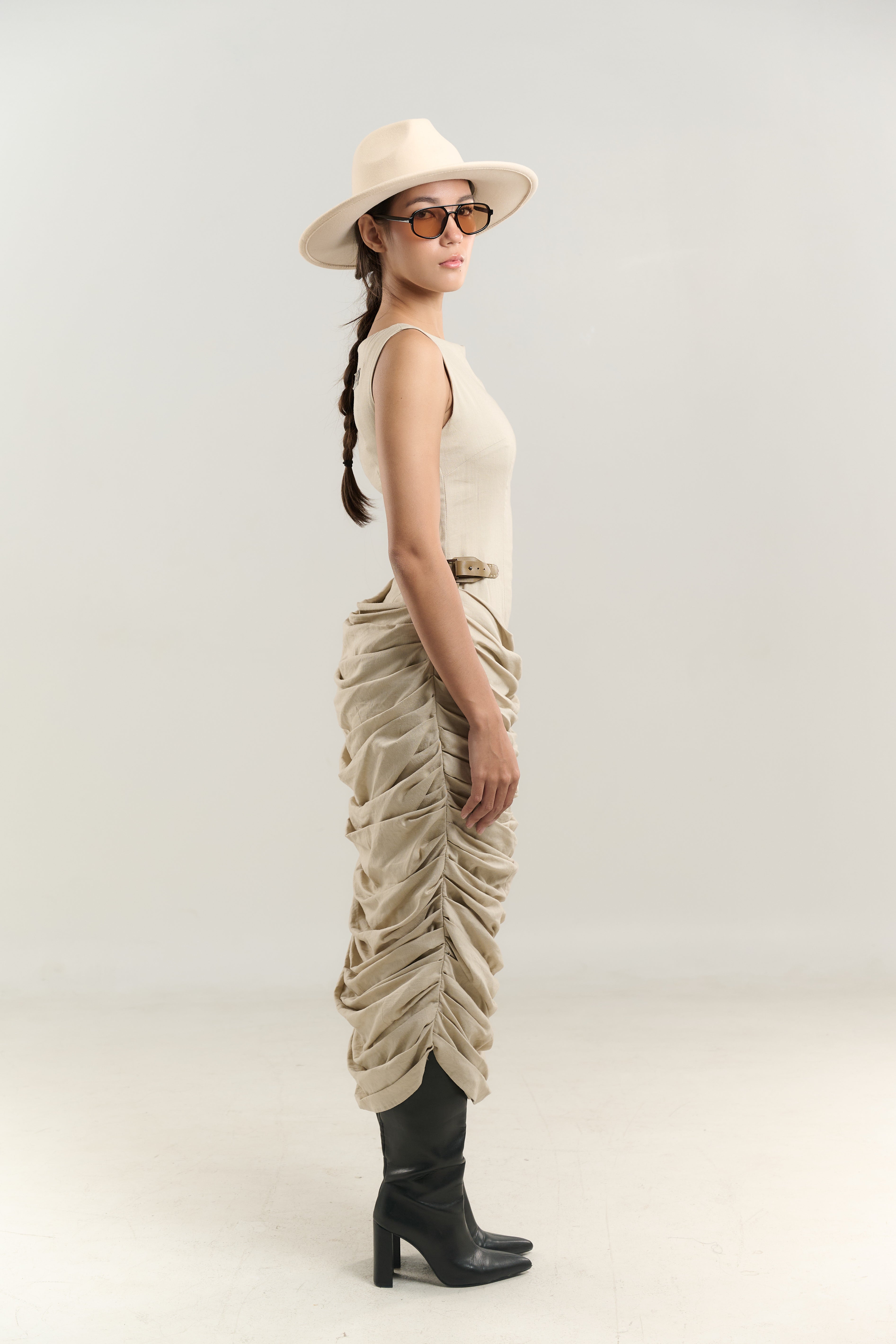 BATEAU DRESS SIDE BELT LAYERED BOTTOM COTTON FABRIC