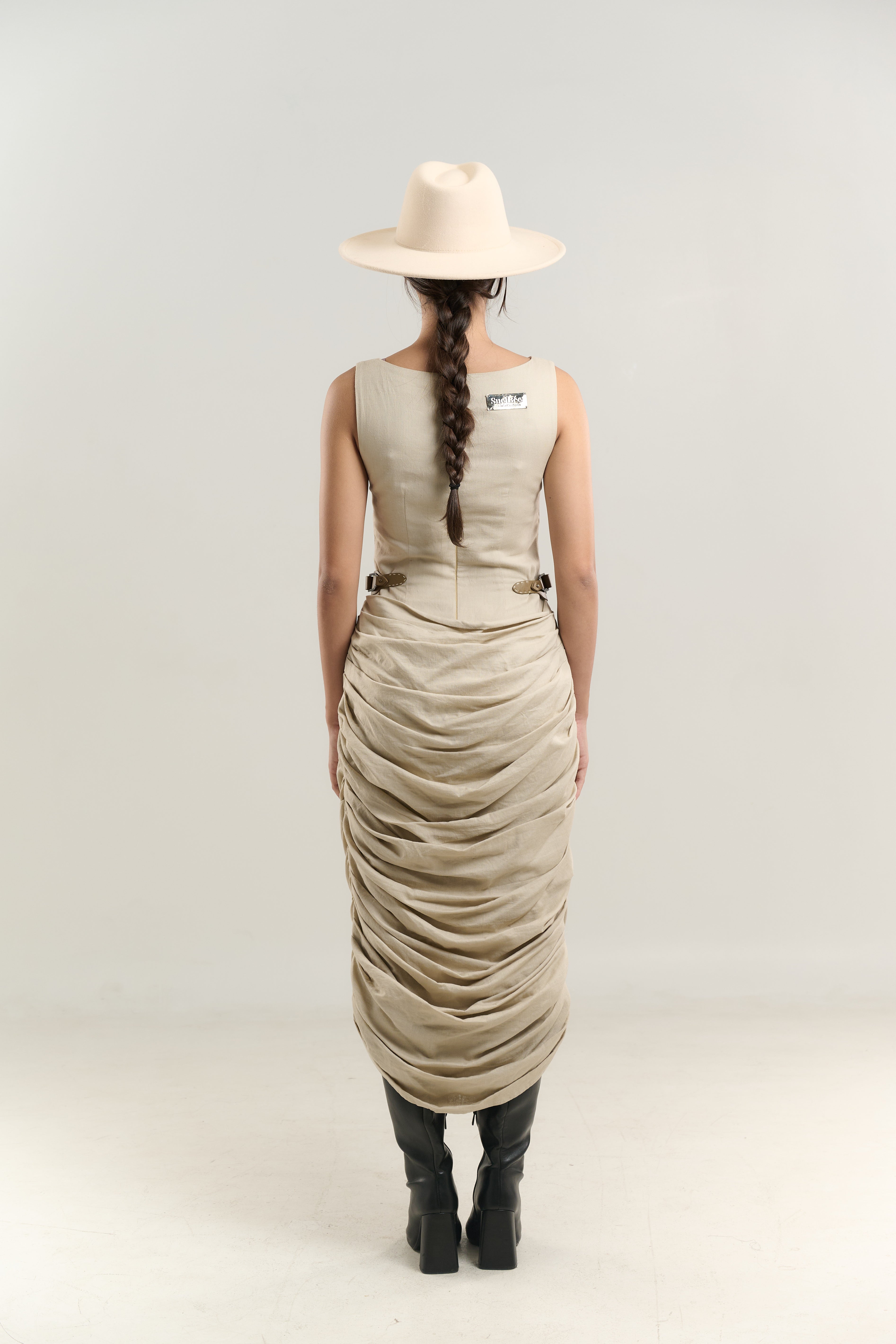 BATEAU DRESS SIDE BELT LAYERED BOTTOM COTTON FABRIC