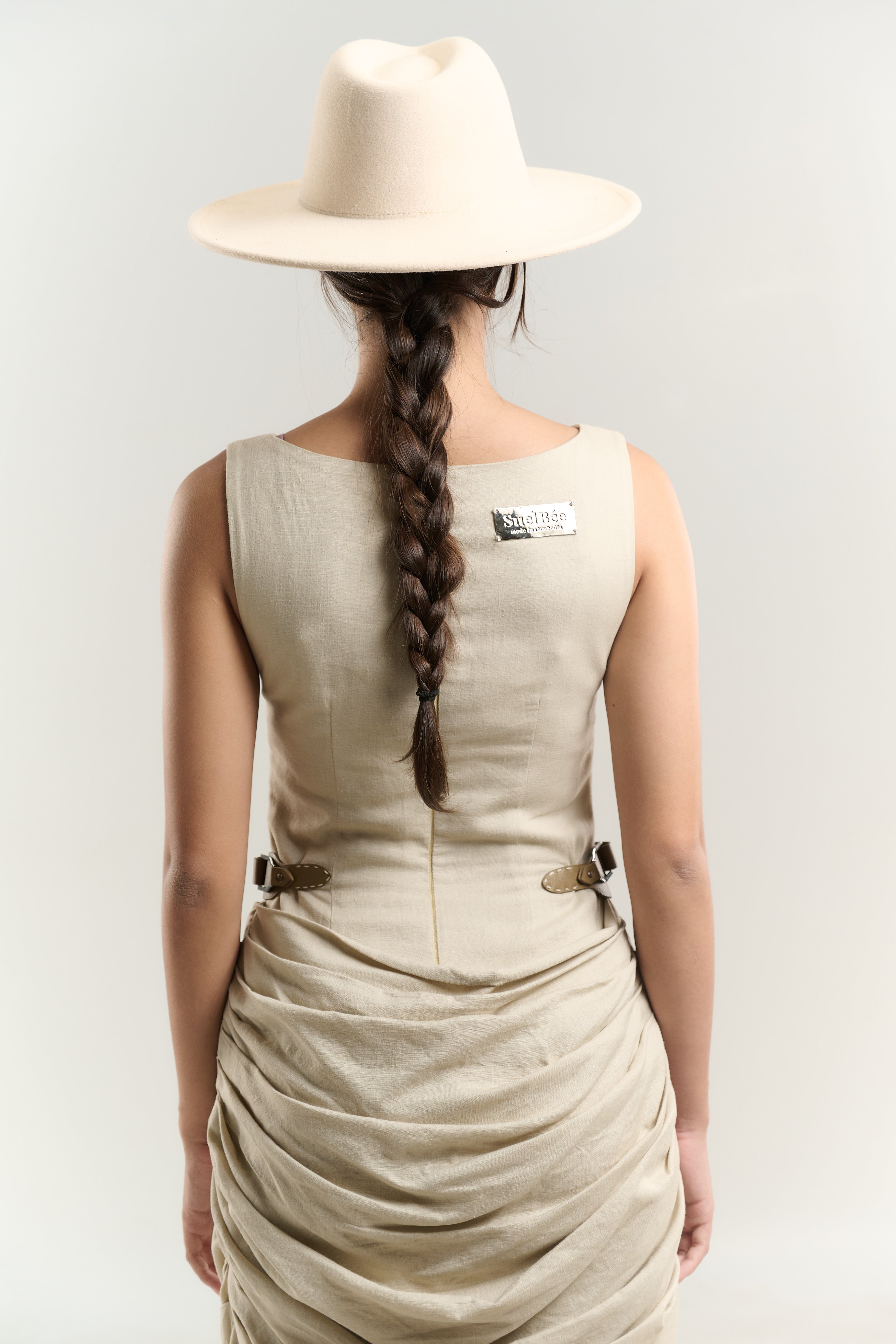 BATEAU DRESS SIDE BELT LAYERED BOTTOM COTTON FABRIC