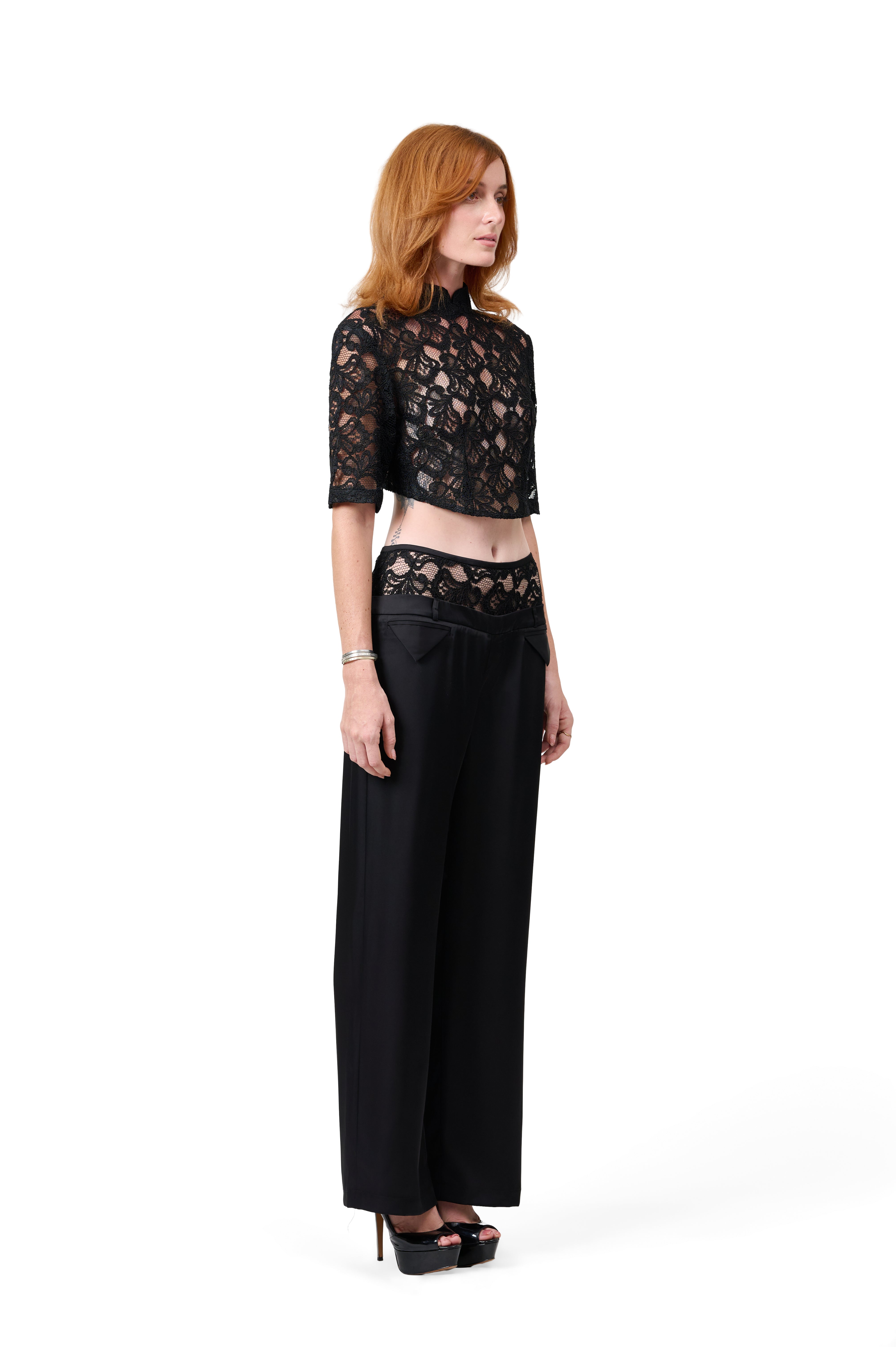 BLACK CROPPED LACE BLOUSE HALF SLEEVE HIGH NECK HIGH WAISTED WIDE LEG TROUSERS SLEEK BLACK FABRIC