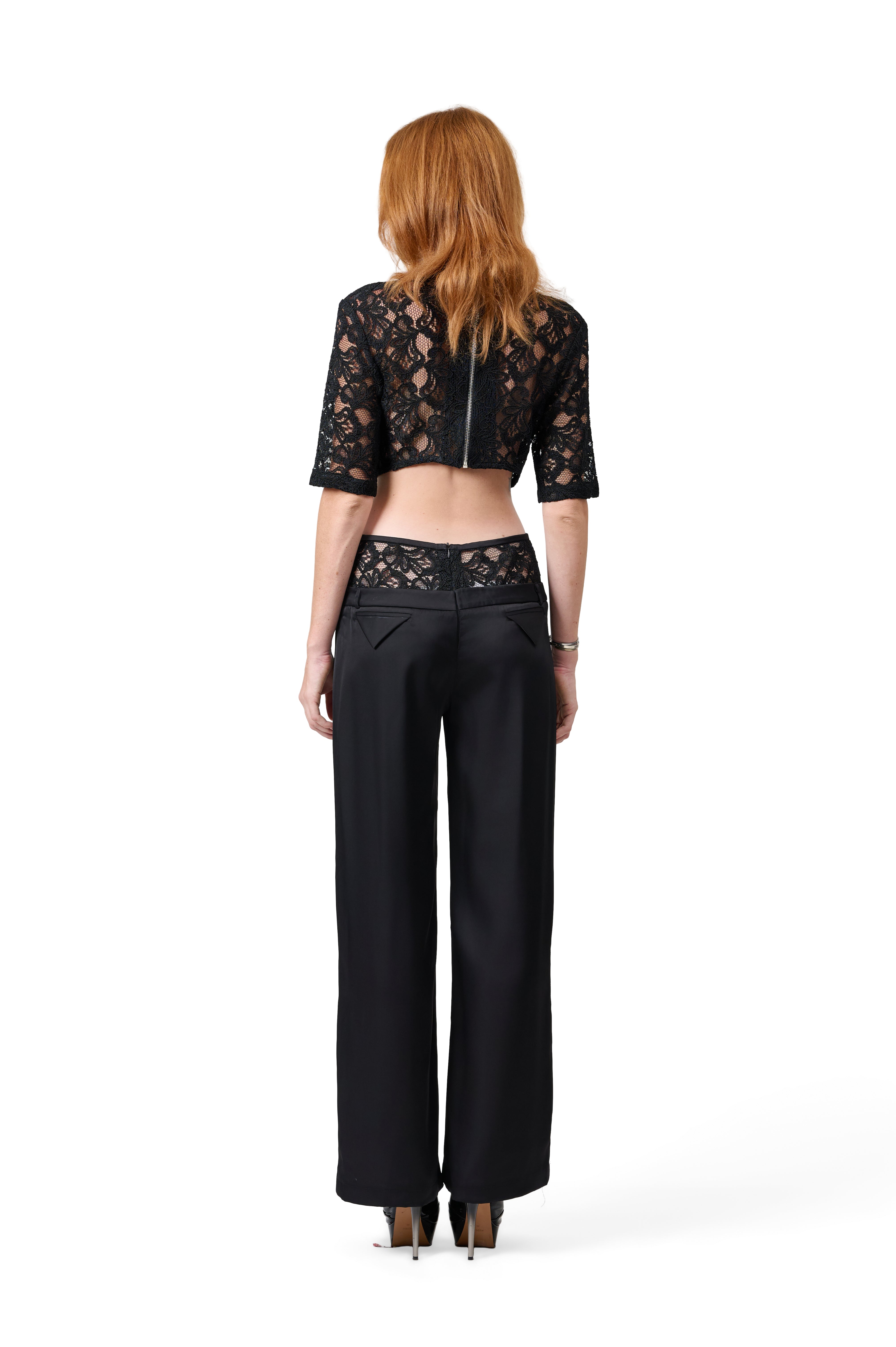 BLACK CROPPED LACE BLOUSE HALF SLEEVE HIGH NECK HIGH WAISTED WIDE LEG TROUSERS SLEEK BLACK FABRIC