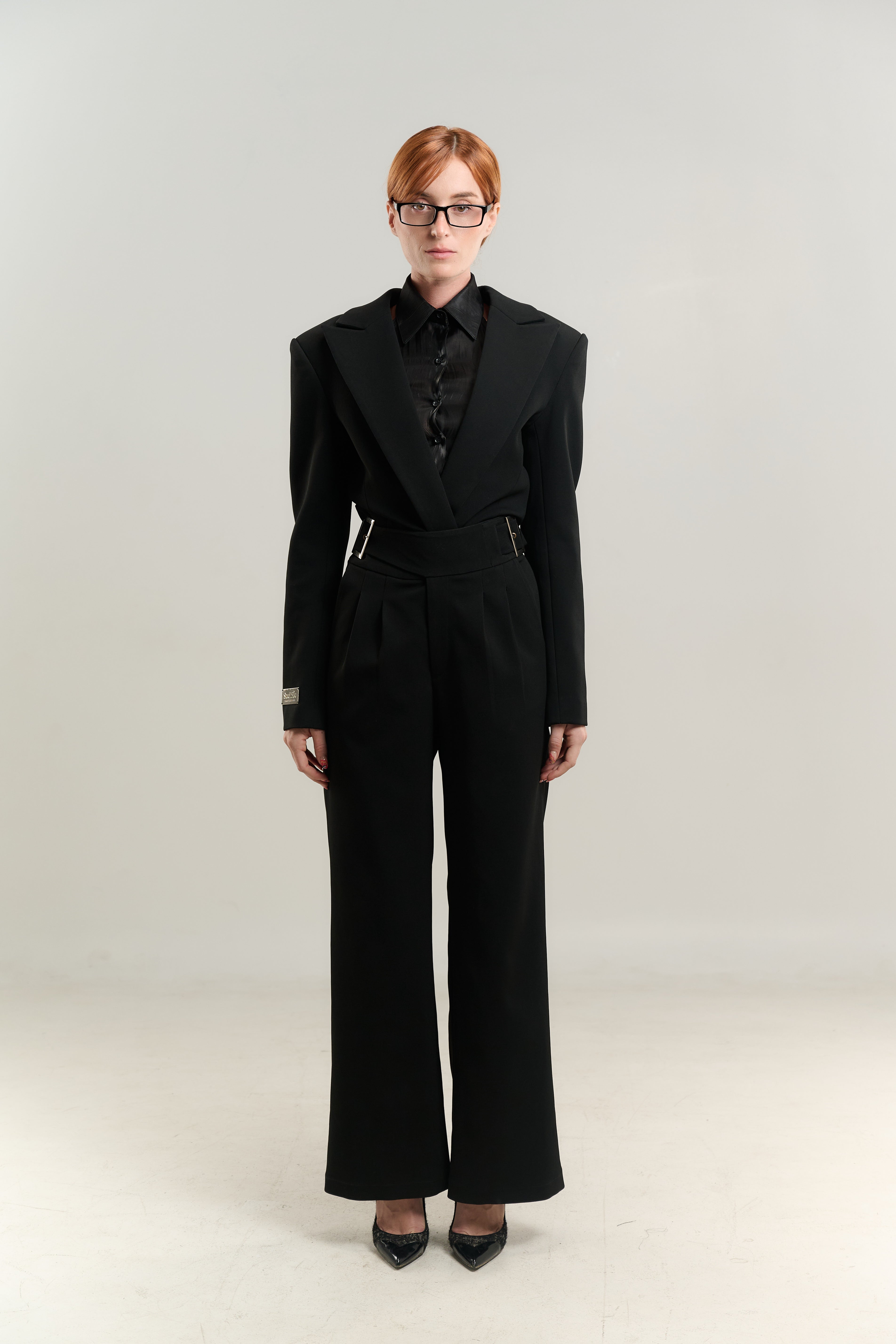 BLACK JUMPSUIT BLAZER NECK WITH SATIN TOP DOUBLE BREASTED SIDE BELT PANTS