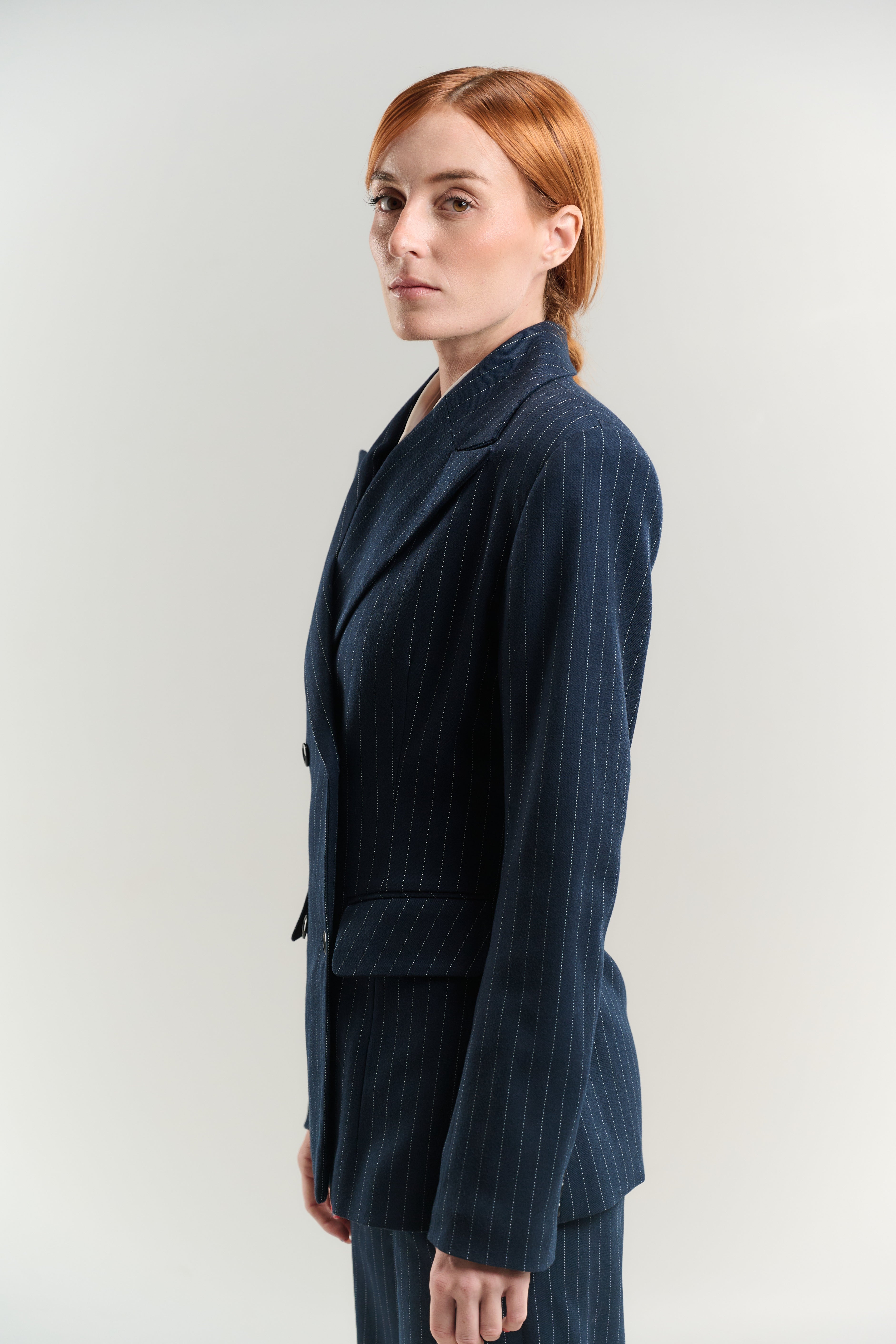 BLAZER DOUBLE BREASTED 4 BUTTONS 100% ITALIAN WOOL NAVY WHITE DOT LINING