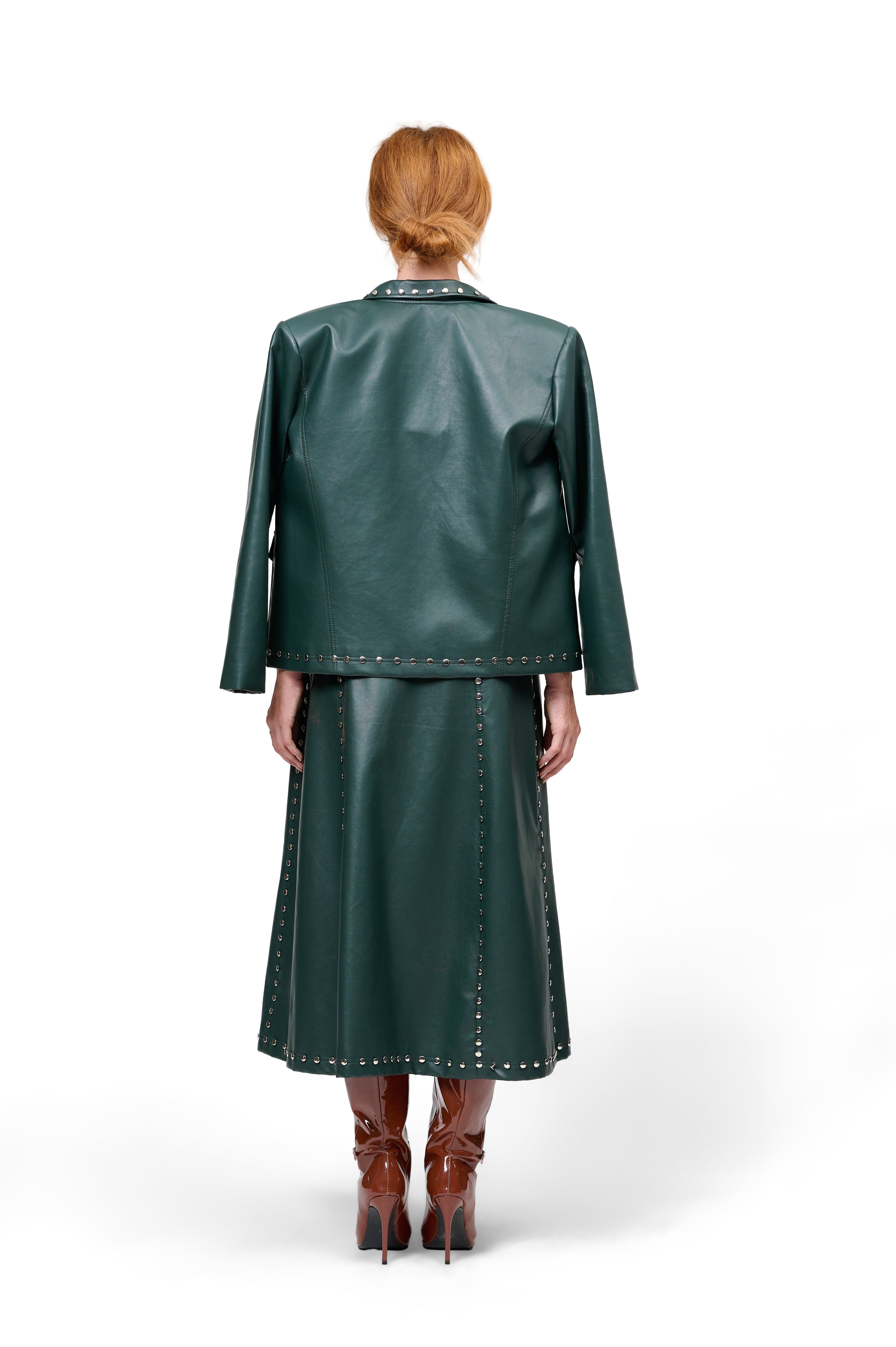 DEEP GREEN LEATHER JACKET SILVER STUDS ZIP FRONT SKIRT