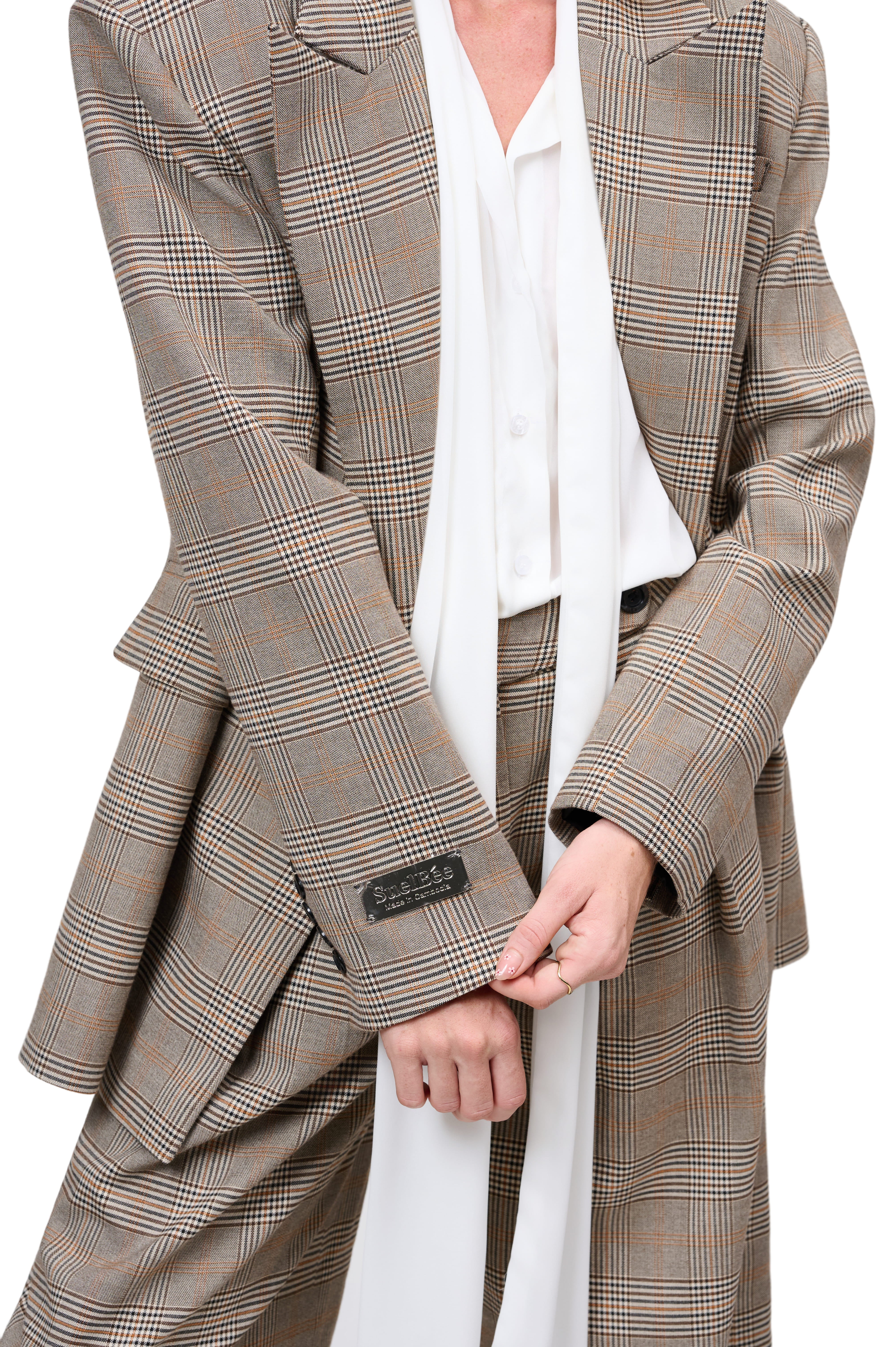 OVERSIZED BLAZER CLASSIC PLAID CHECK BEIGE DOUBLE BREASTED HIGH WAISTED WIDE LEG TROUSERS