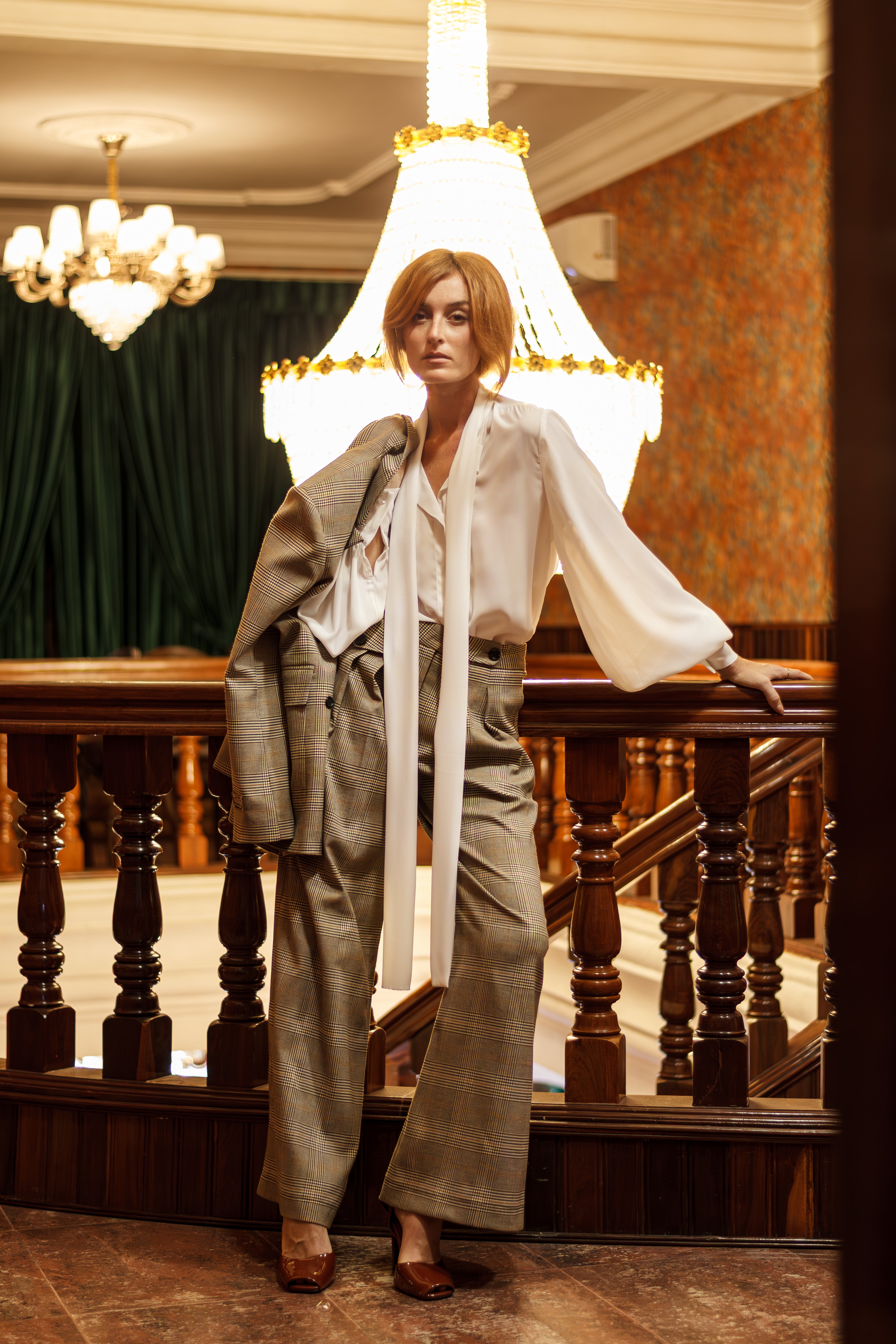 OVERSIZED BLAZER CLASSIC PLAID CHECK BEIGE DOUBLE BREASTED HIGH WAISTED WIDE LEG TROUSERS