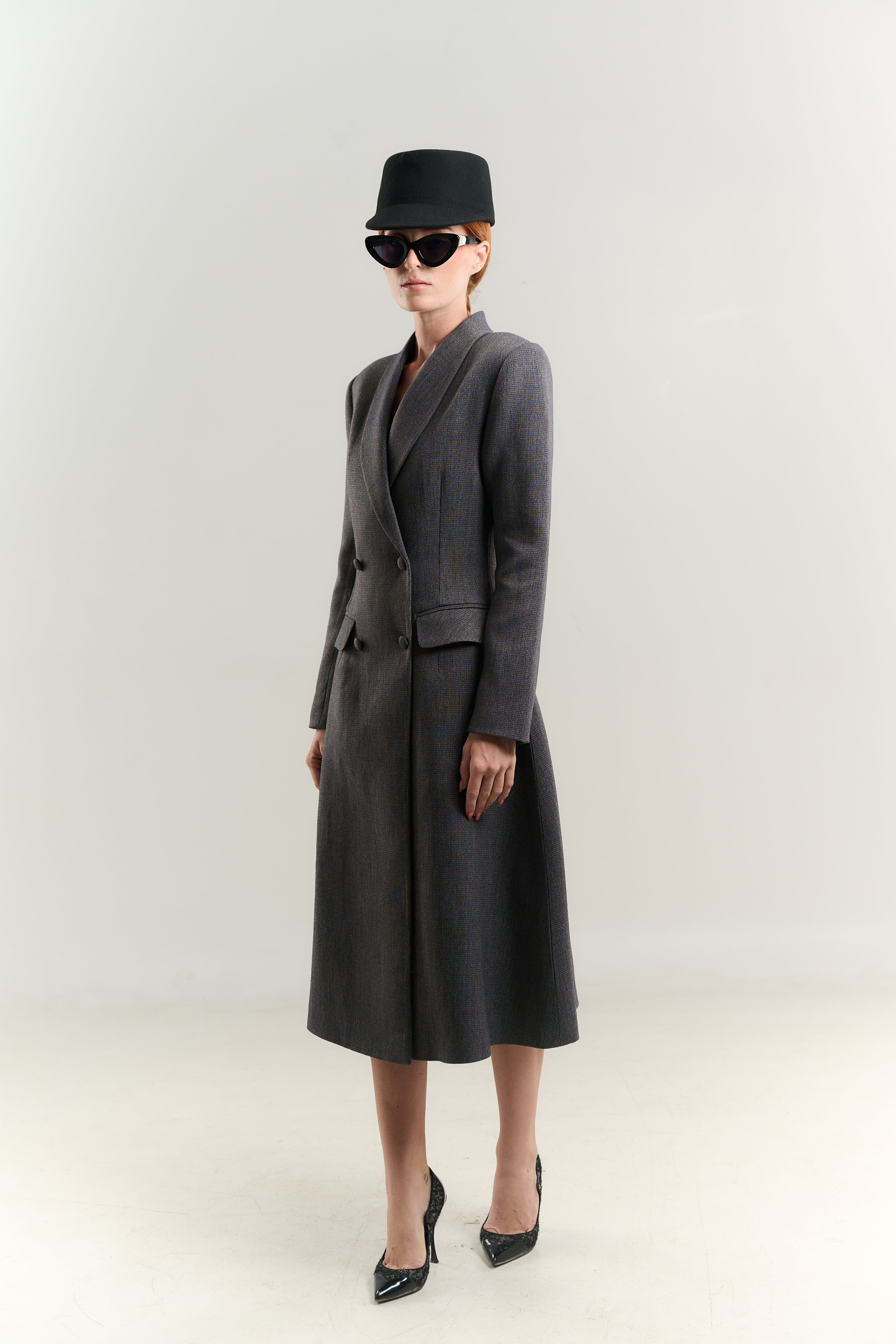 PRINCESS COAT TUXEDO NECK JETTED POCKETS WITH FLAP DOUBLE BREASTED