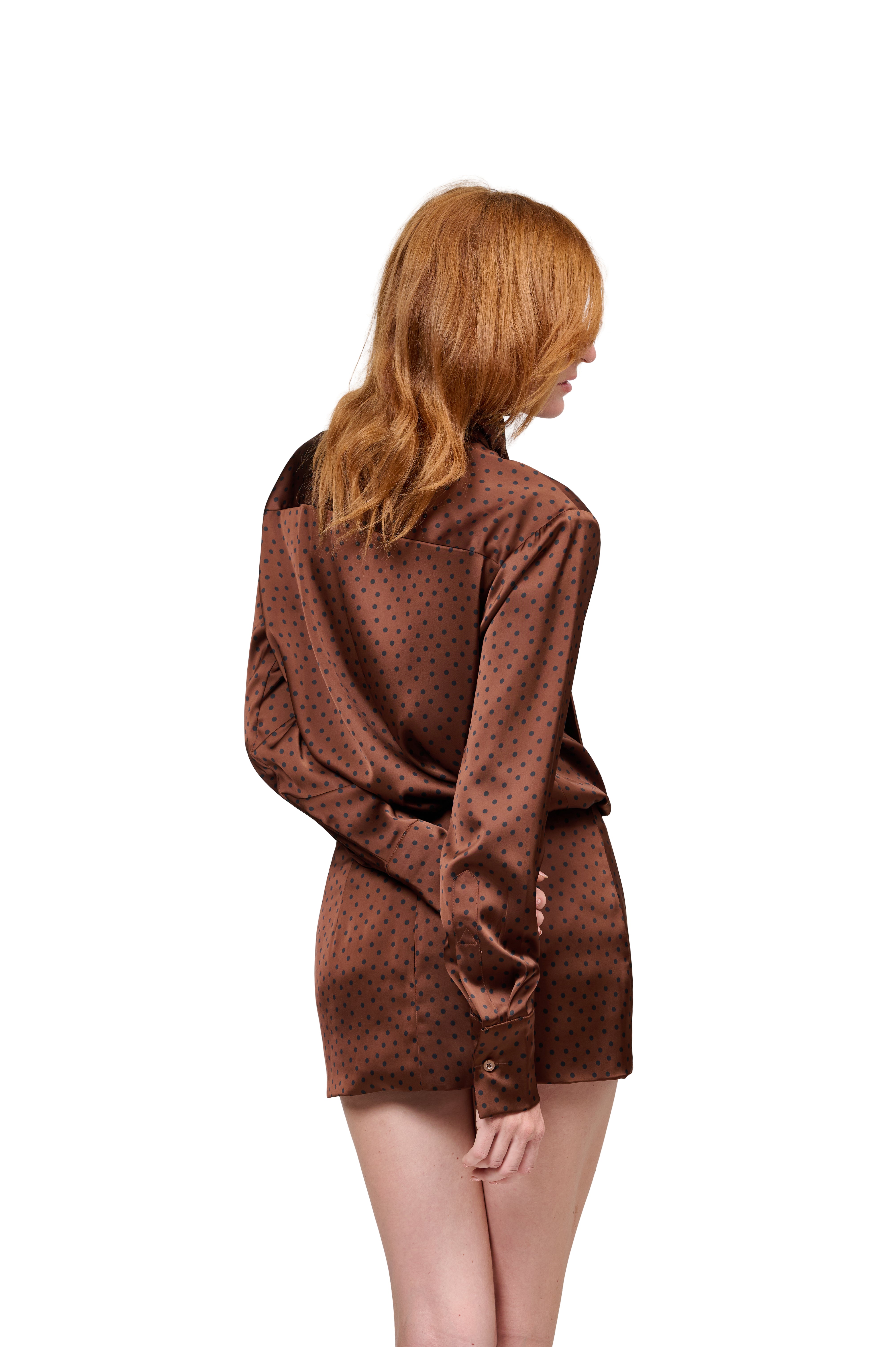 SILKY BROWN POLKA DOT TIE NECK BLOUSE WITH MATCHING MINI SKIRT