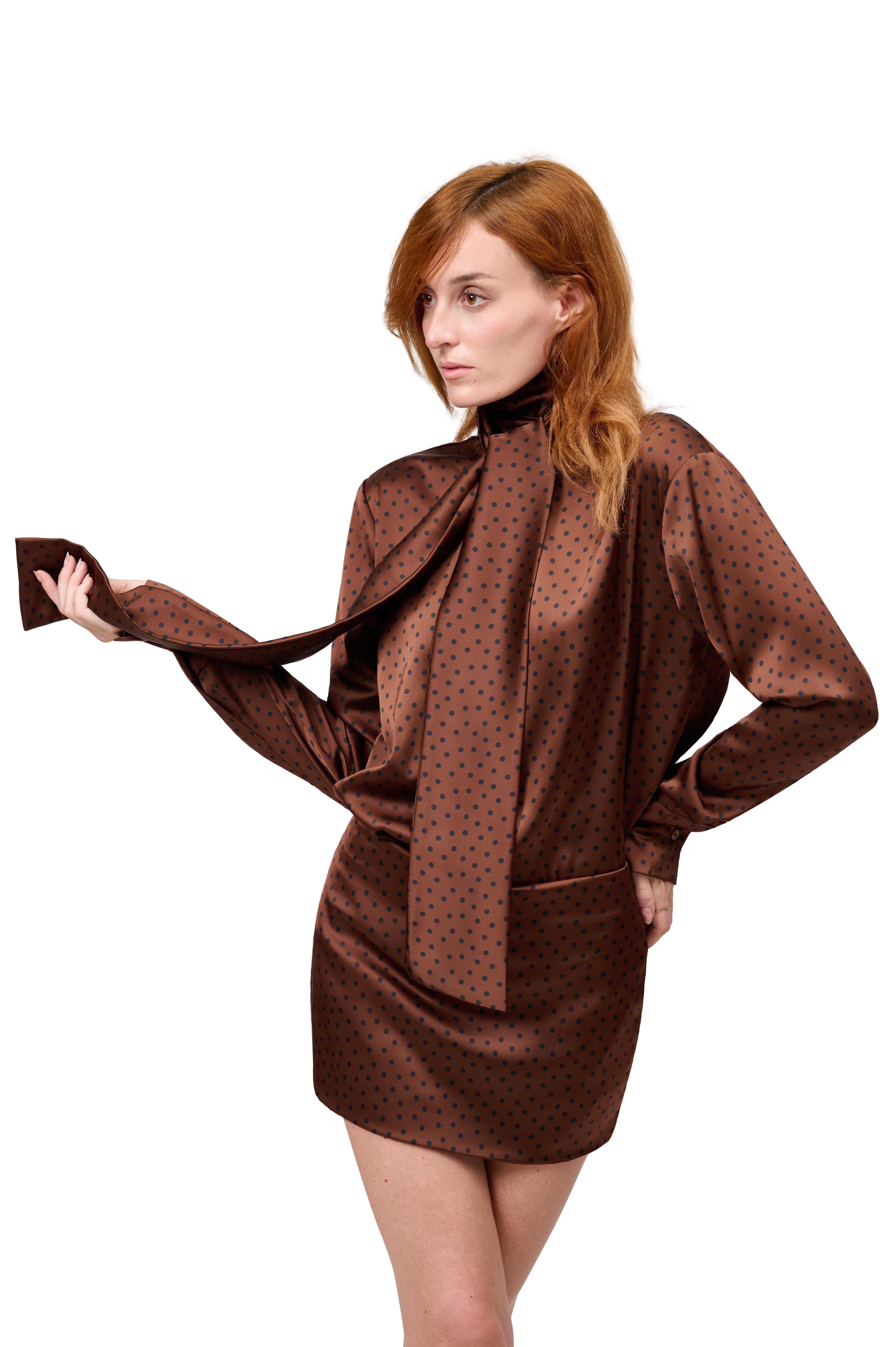 SILKY BROWN POLKA DOT TIE NECK BLOUSE WITH MATCHING MINI SKIRT