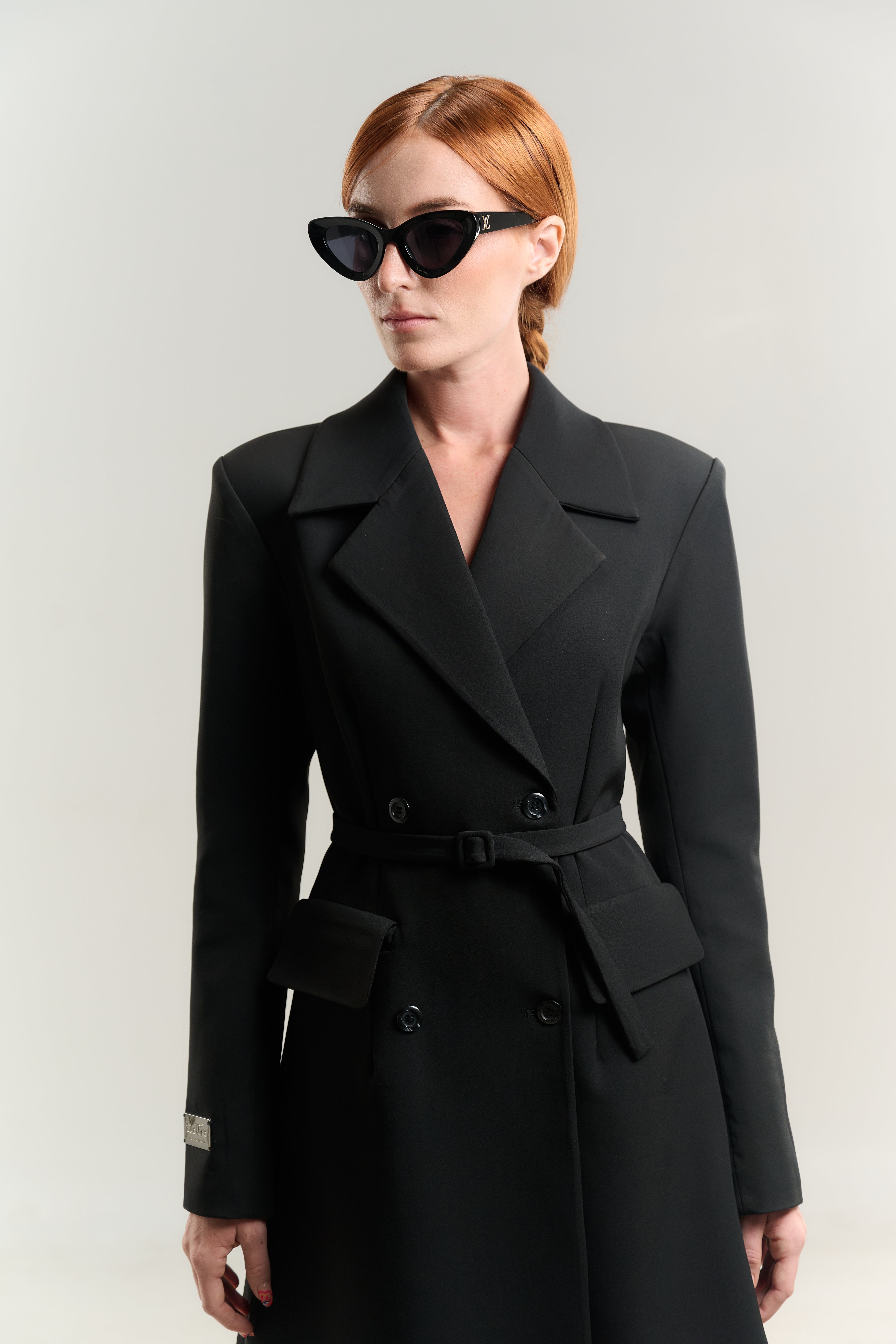 STRAIGHT COAT BLAZER NECK JETTED POCKETS WITH FLAP DOUBLE BREASTED WITH BELT