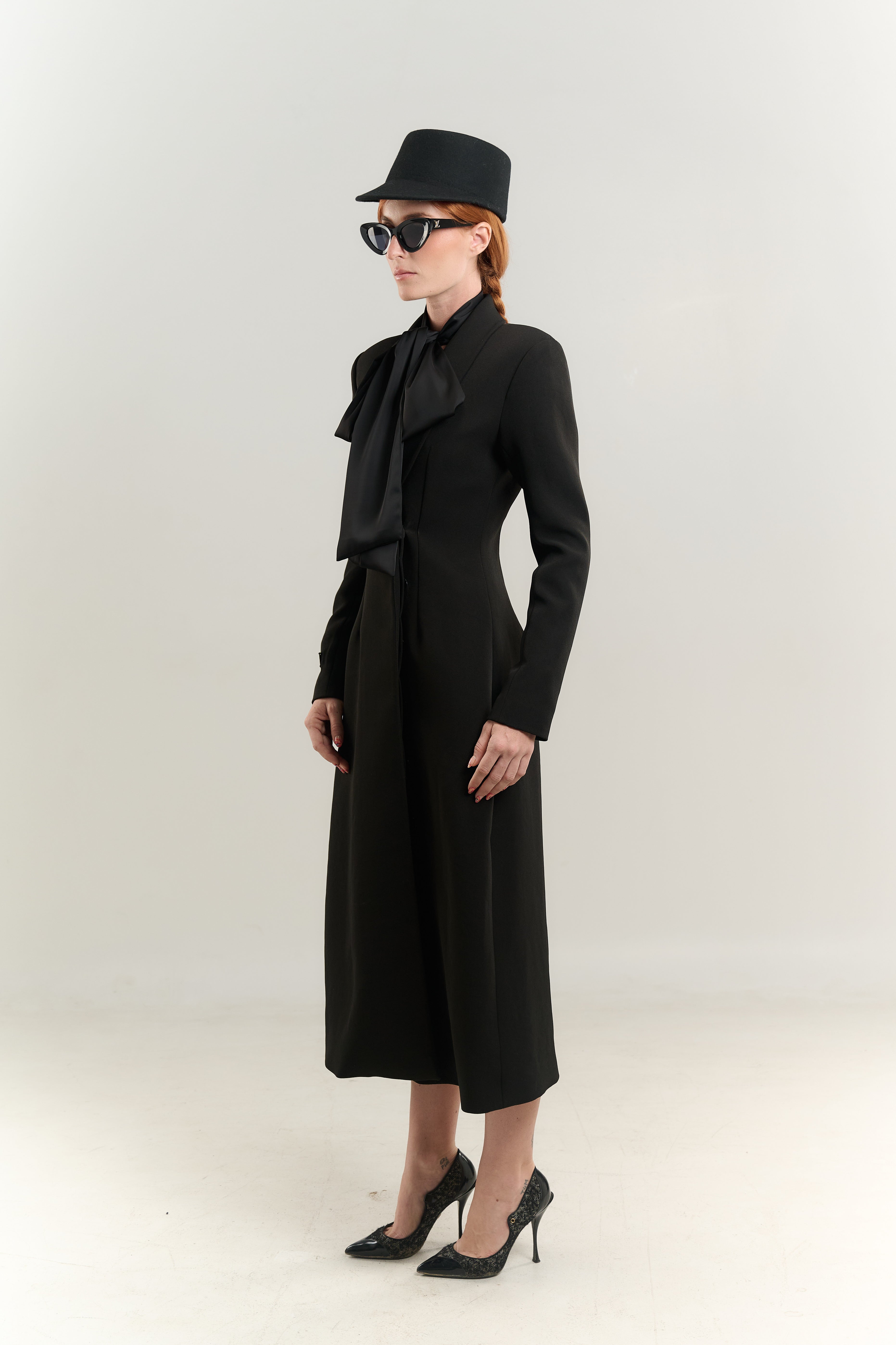 STRAIGHT COAT TUXEDO NECK SATIN TIE SHIRT SINGLE BREASTED HIDDEN BUTTONS