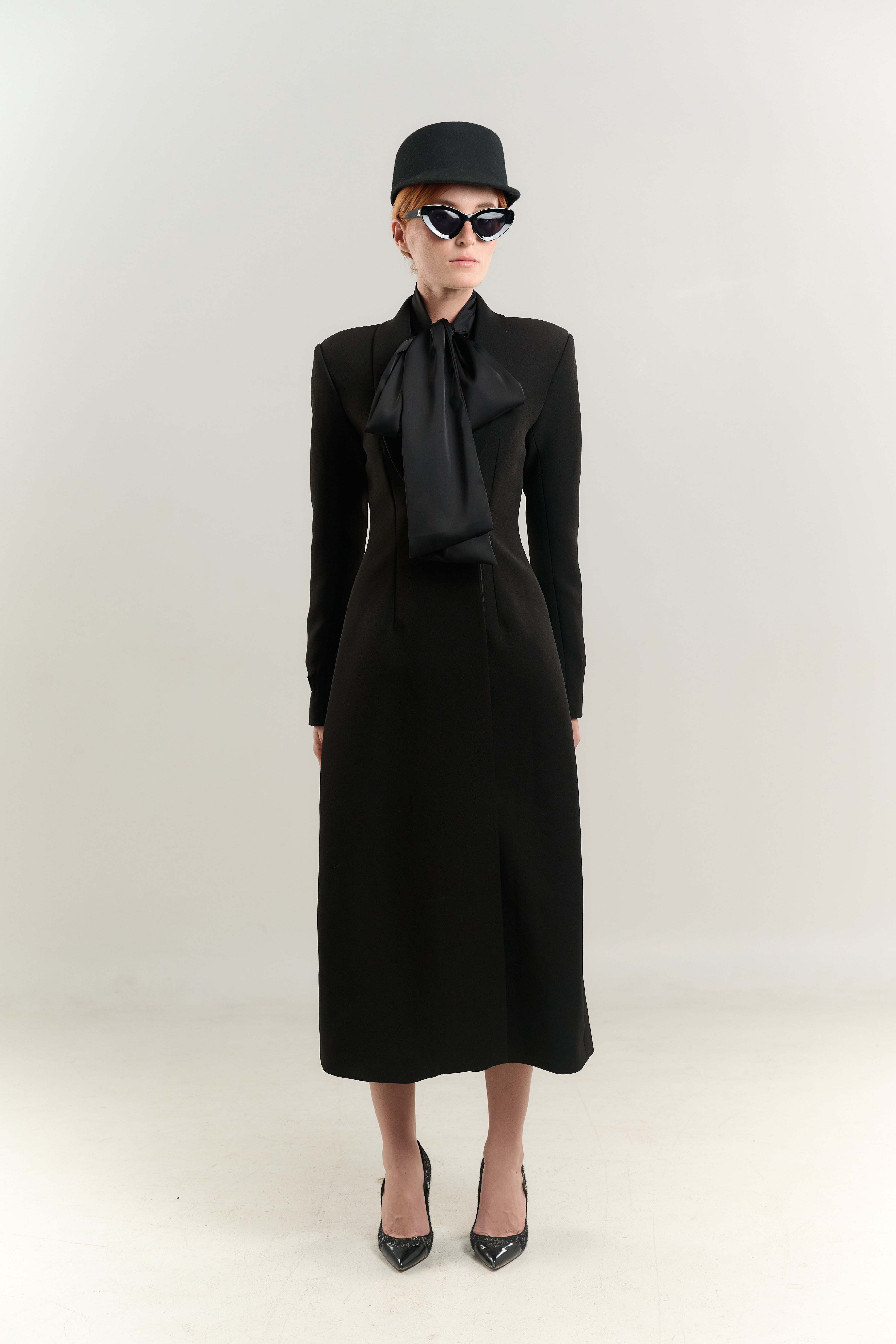 STRAIGHT COAT TUXEDO NECK SATIN TIE SHIRT SINGLE BREASTED HIDDEN BUTTONS