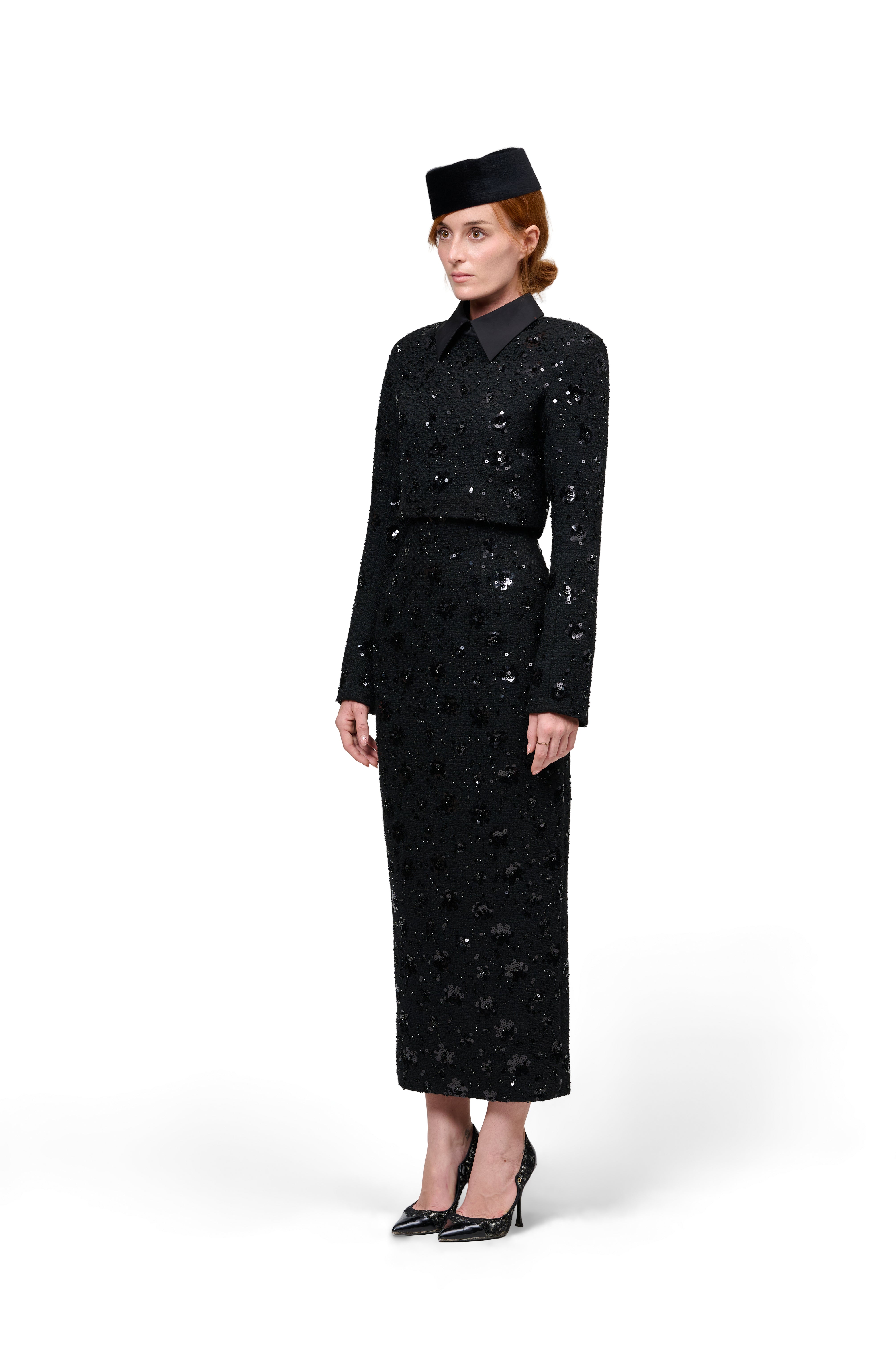 STRUCTURED LONG SLEEVE CROPPED JACKET BLACK SEQUIN BOUCLE HIGH WAIST PENCIL SKIRT