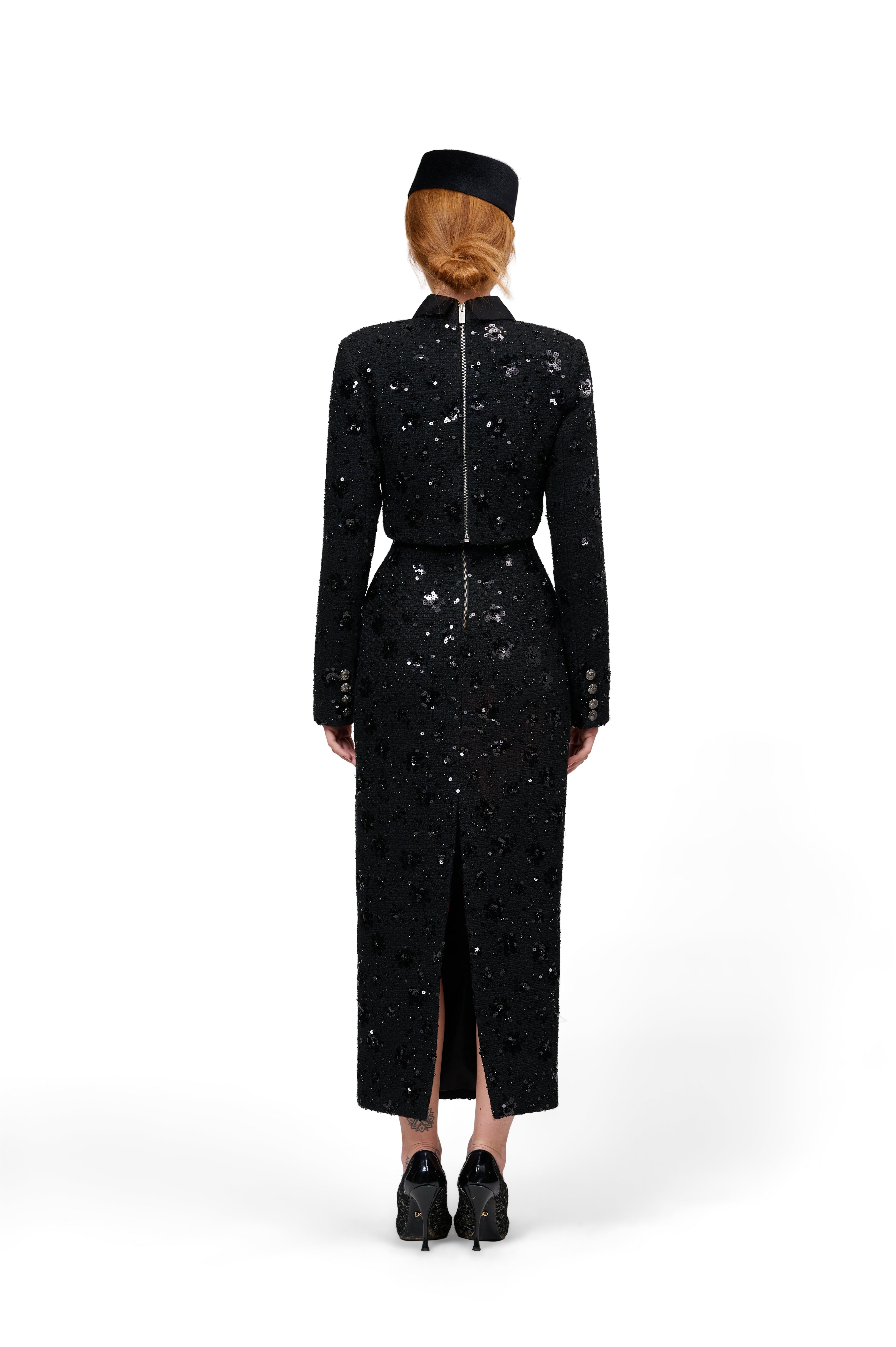 STRUCTURED LONG SLEEVE CROPPED JACKET BLACK SEQUIN BOUCLE HIGH WAIST PENCIL SKIRT