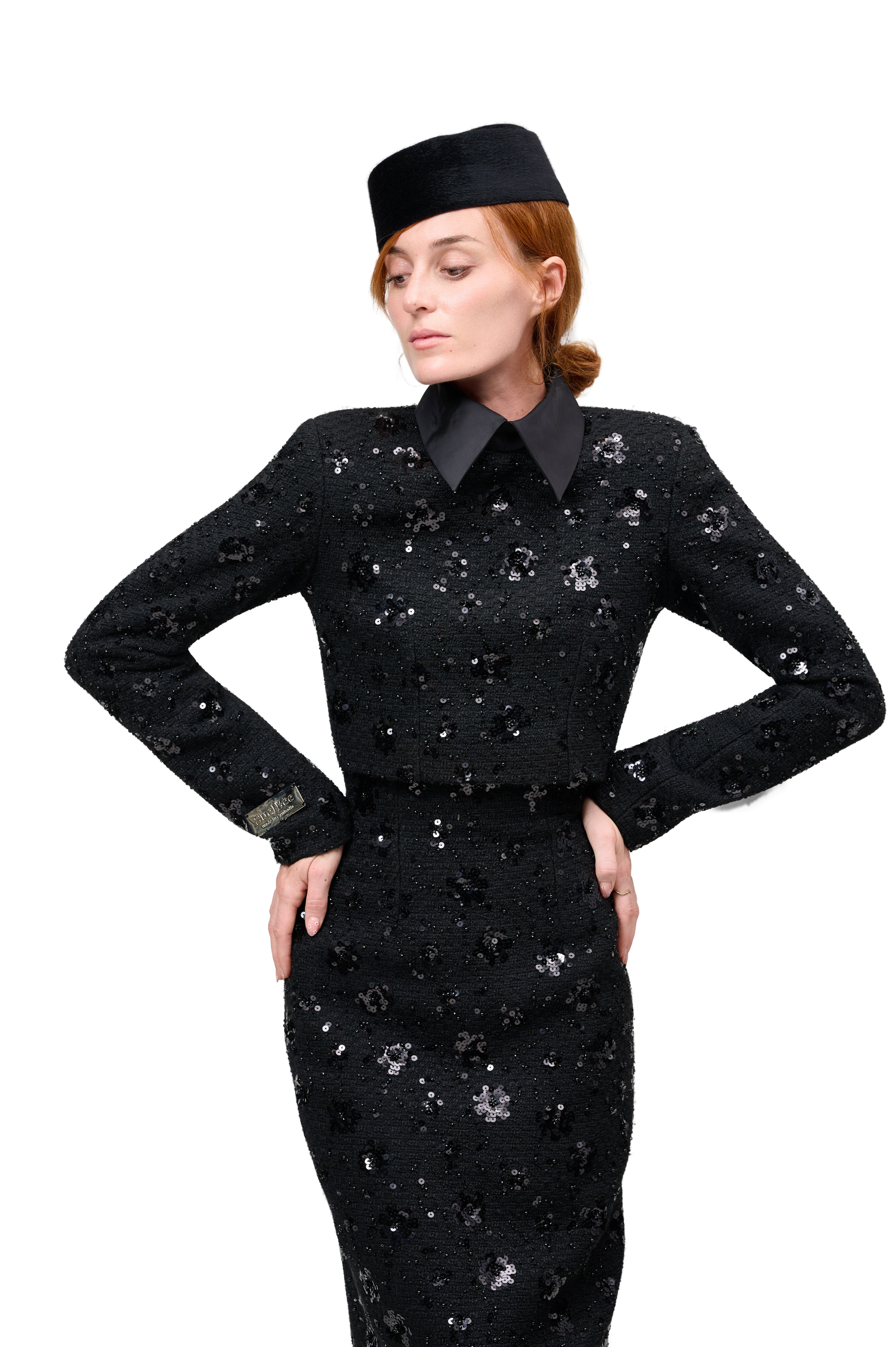 STRUCTURED LONG SLEEVE CROPPED JACKET BLACK SEQUIN BOUCLE HIGH WAIST PENCIL SKIRT