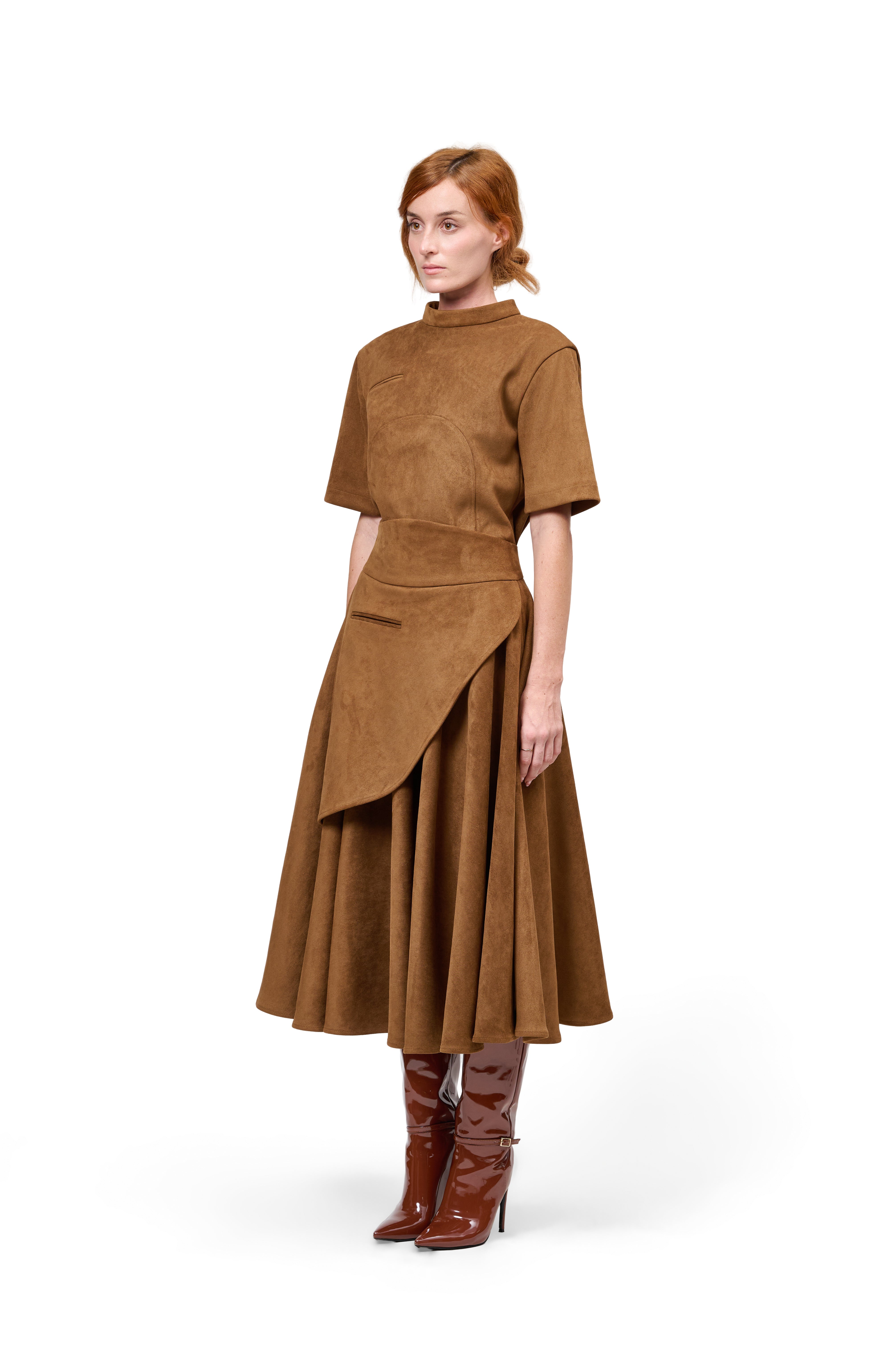 STRUCTURED SHORT SLEEVE TOP BROWN HIGH COLLAR FLOWING A-LINE MIDI SKIRT