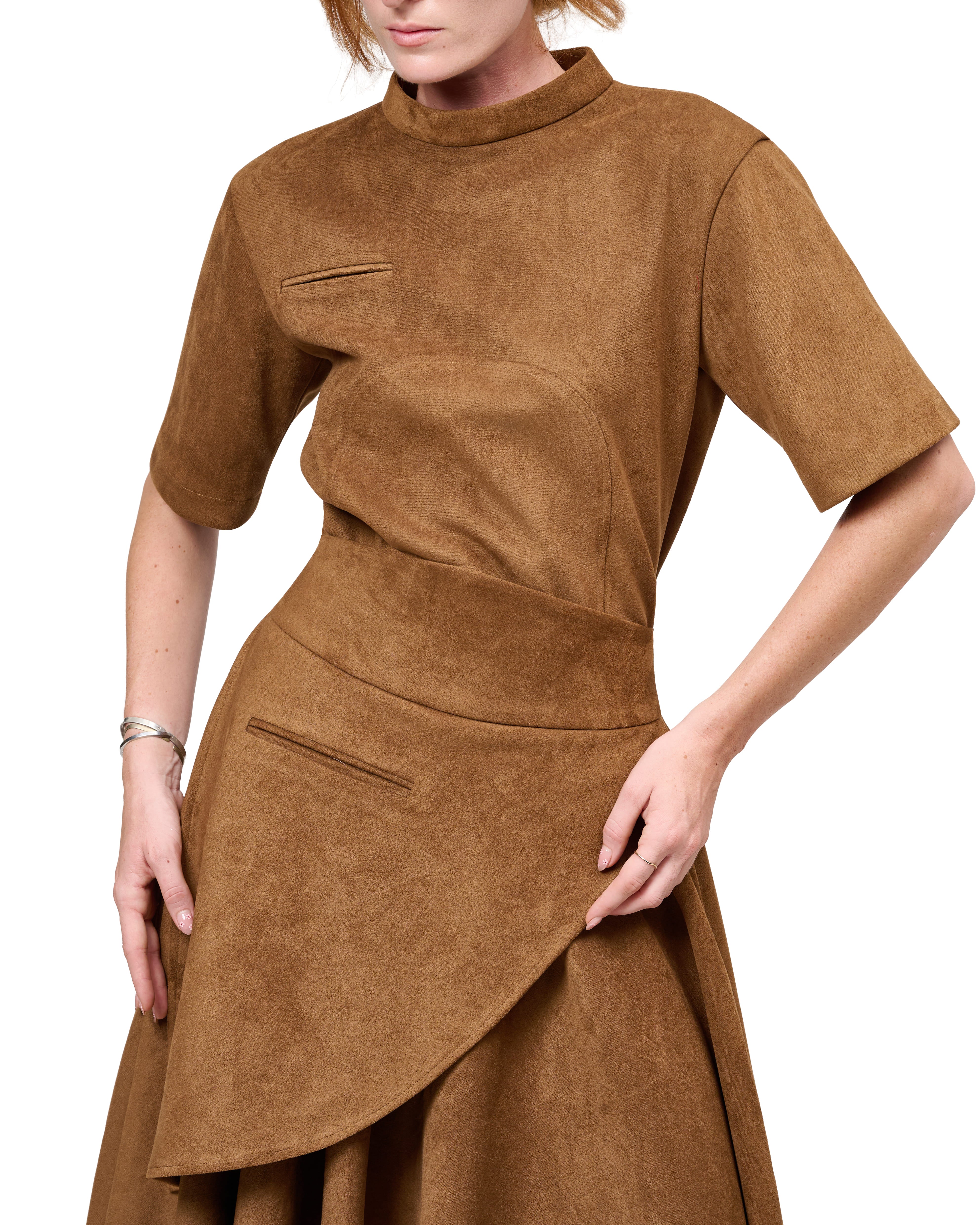 STRUCTURED SHORT SLEEVE TOP BROWN HIGH COLLAR FLOWING A-LINE MIDI SKIRT