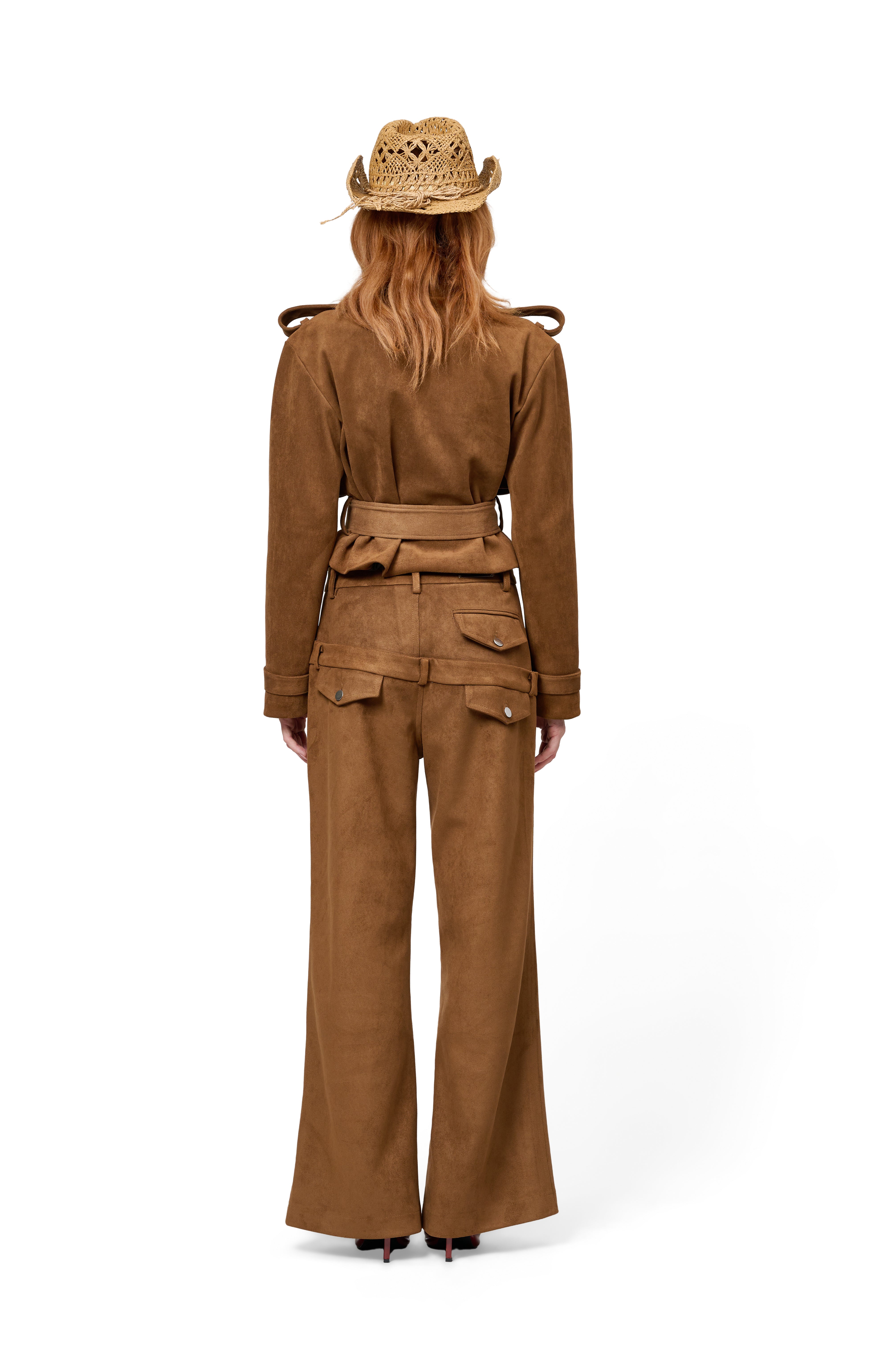 SUEDE DOUBLE BREASTED JACKET WIDE LAPELS BELT WAIST TIE HIGH WAIST WIDE LEG SUEDE TROUSERS