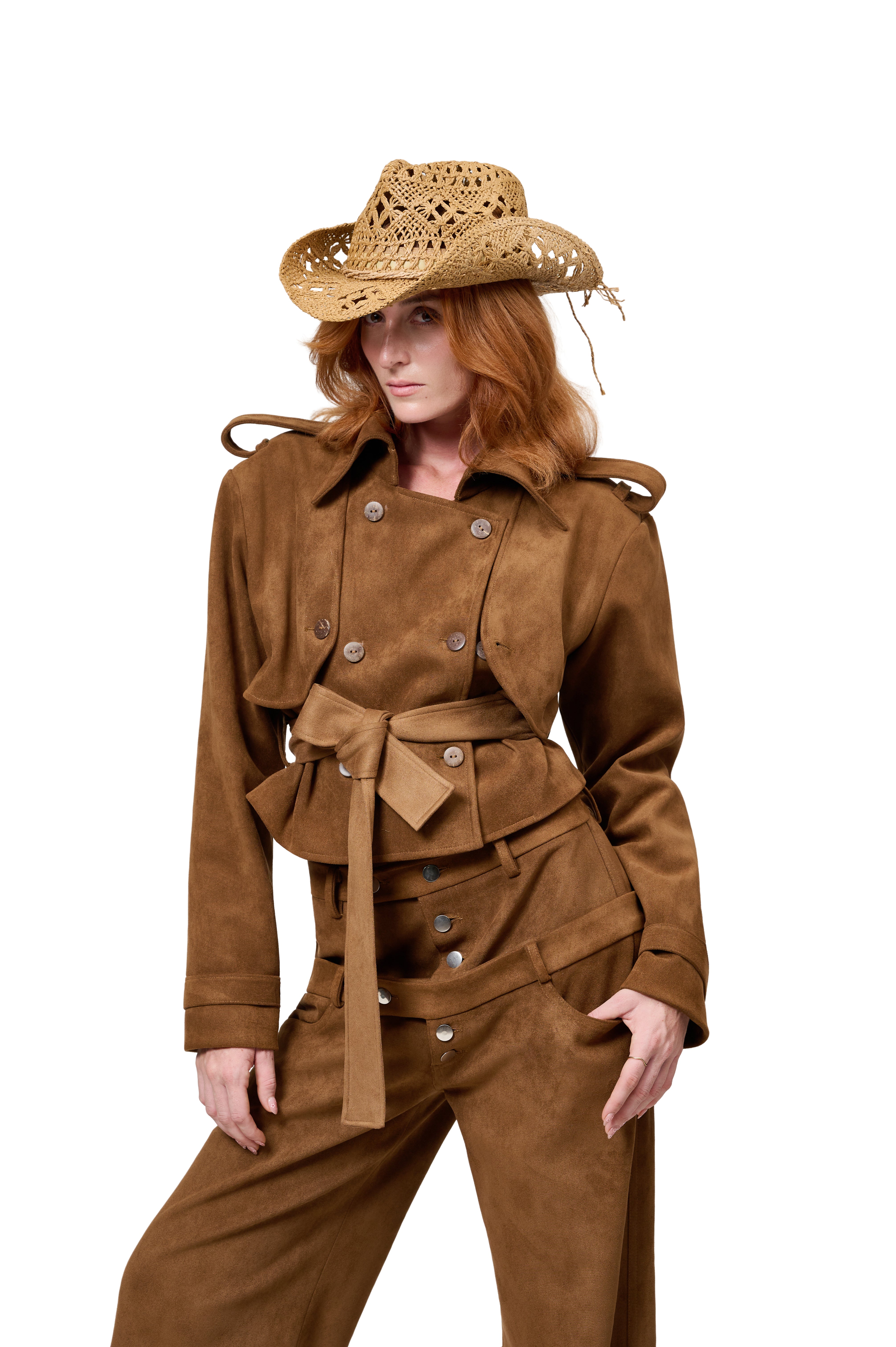 SUEDE DOUBLE BREASTED JACKET WIDE LAPELS BELT WAIST TIE HIGH WAIST WIDE LEG SUEDE TROUSERS