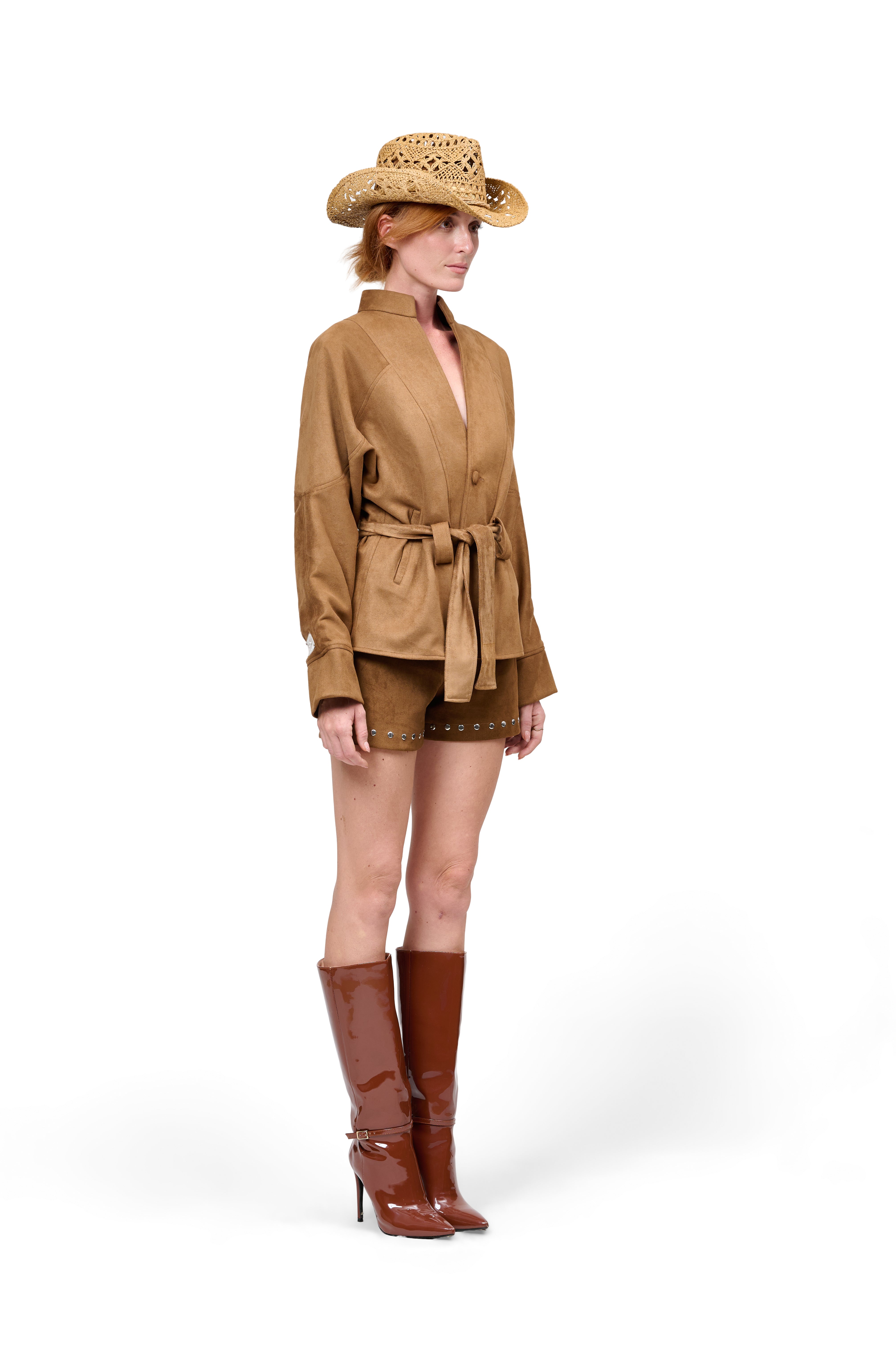 TAN SUEDE BROWN JACKET STUD EMBELLISHED SHORTS