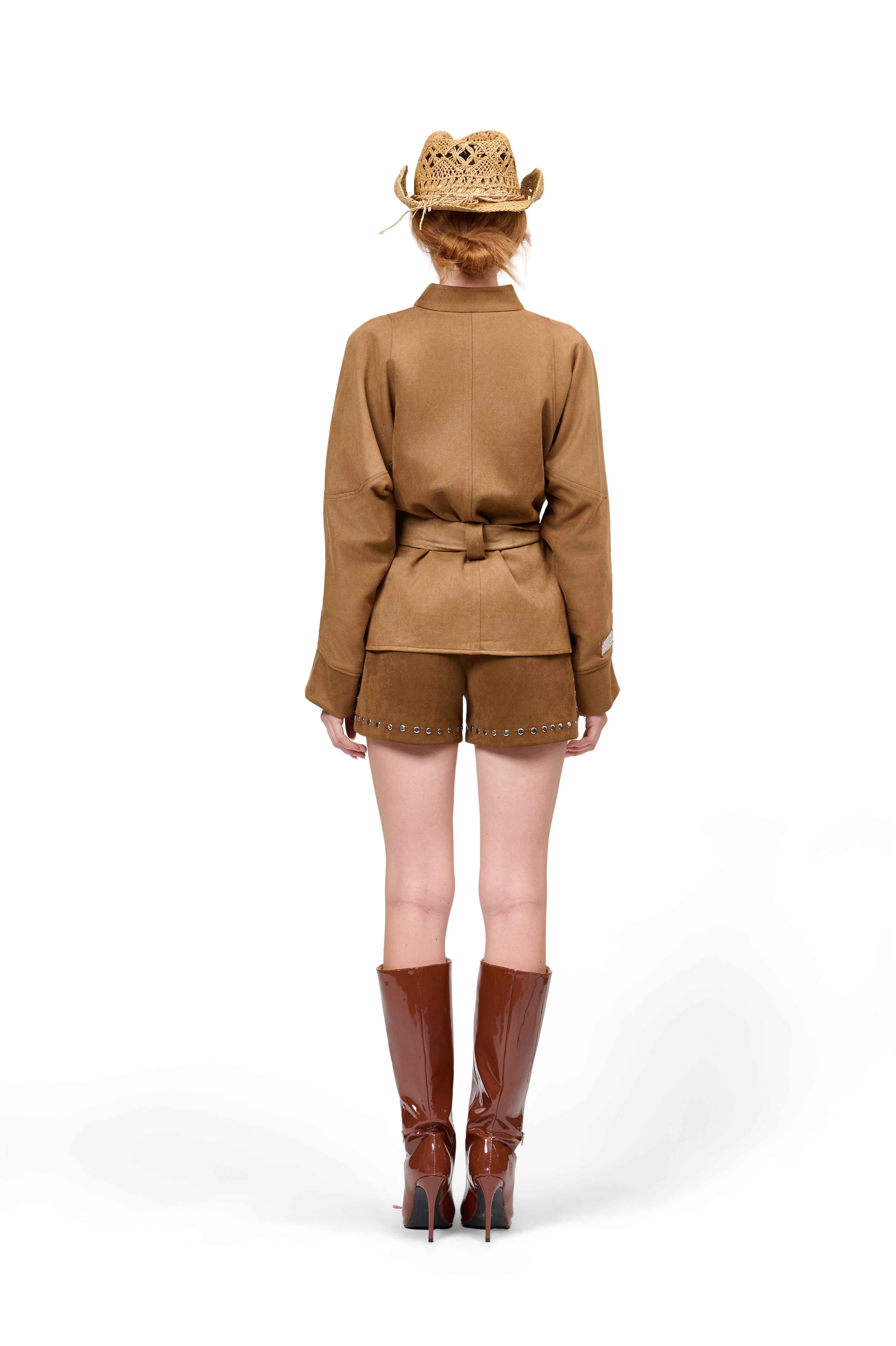 TAN SUEDE BROWN JACKET STUD EMBELLISHED SHORTS