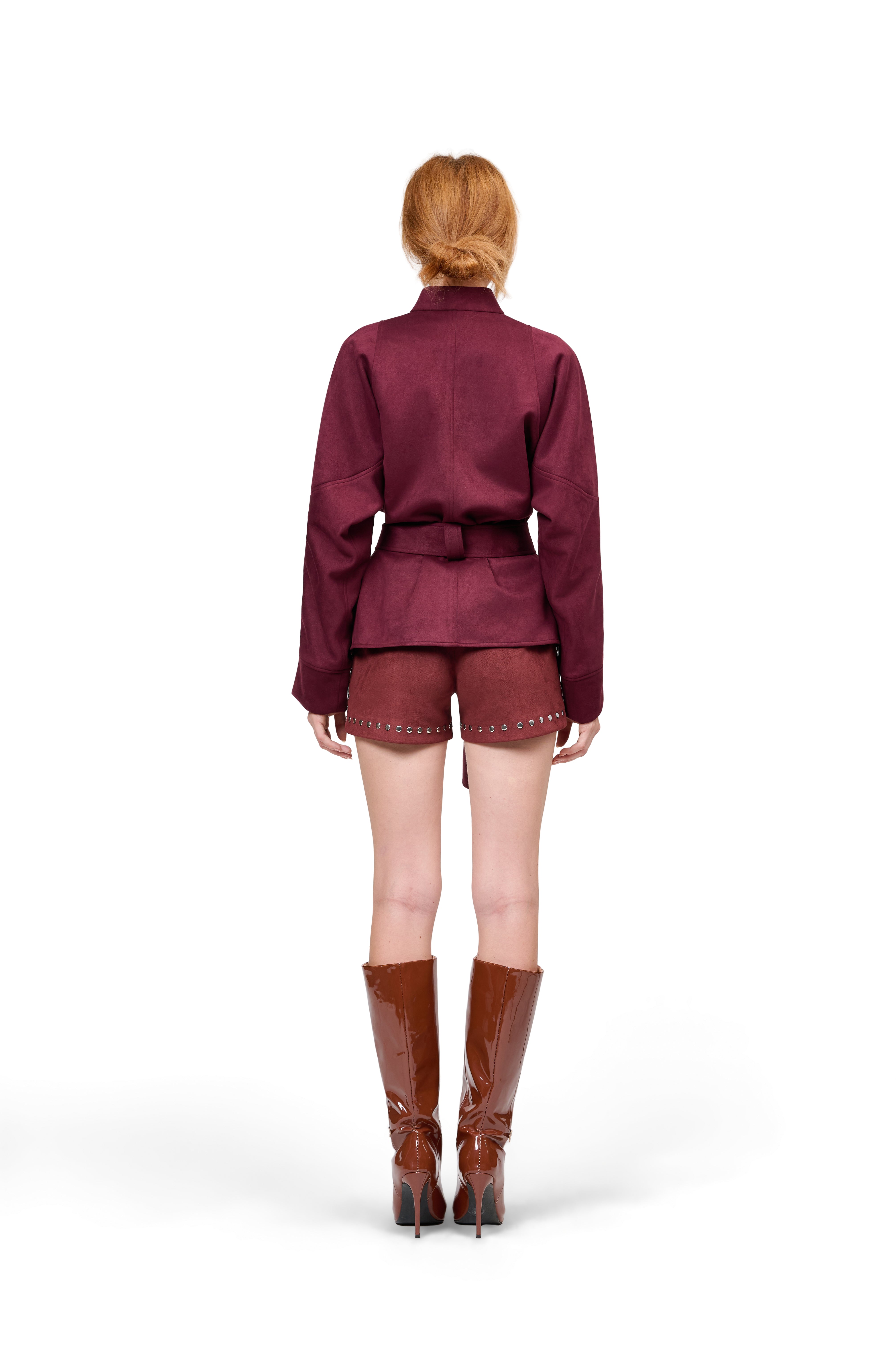 WINE RED SUEDE JACKET STUD EMBELLISHED SHORTS