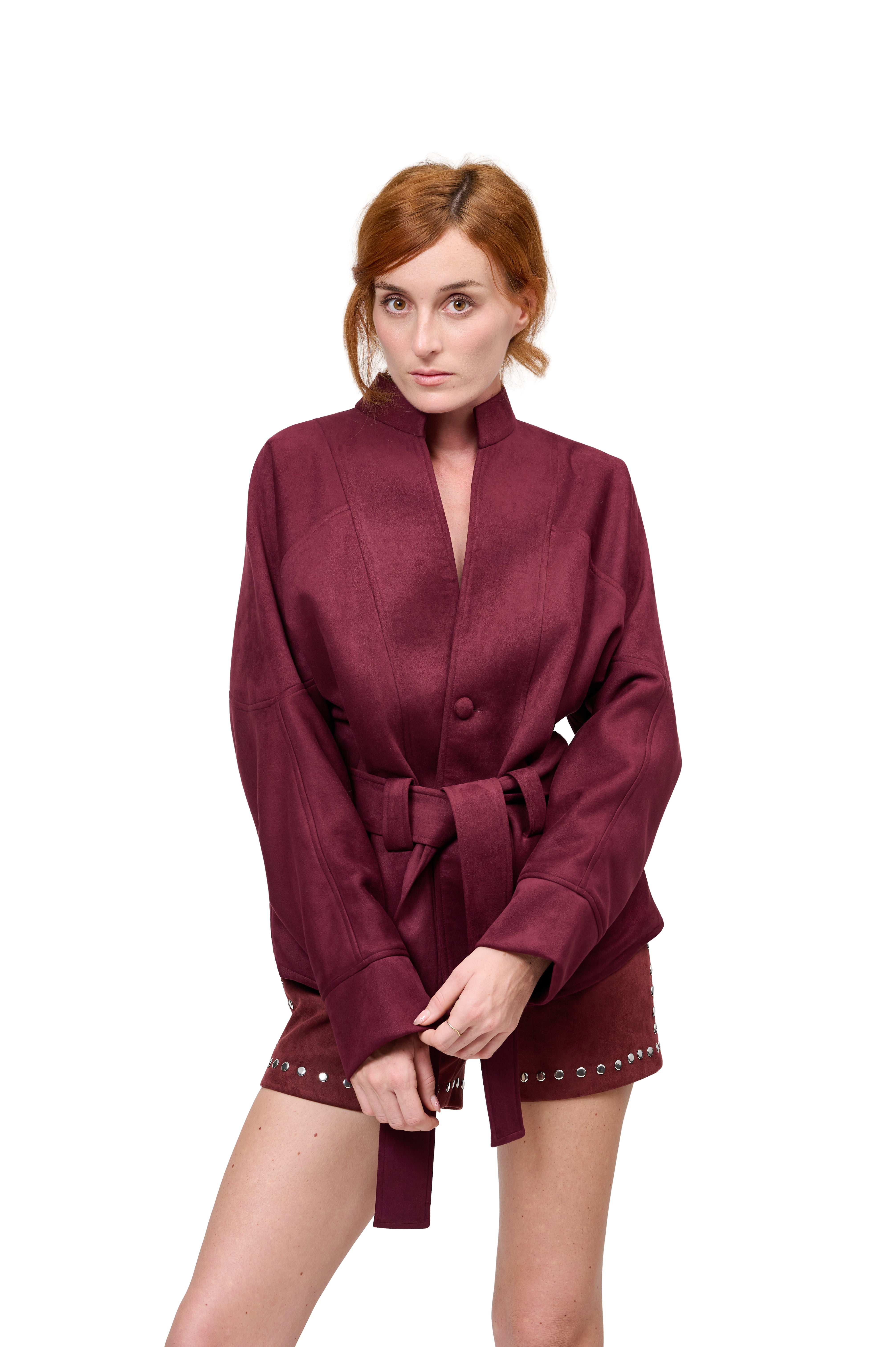 WINE RED SUEDE JACKET STUD EMBELLISHED SHORTS