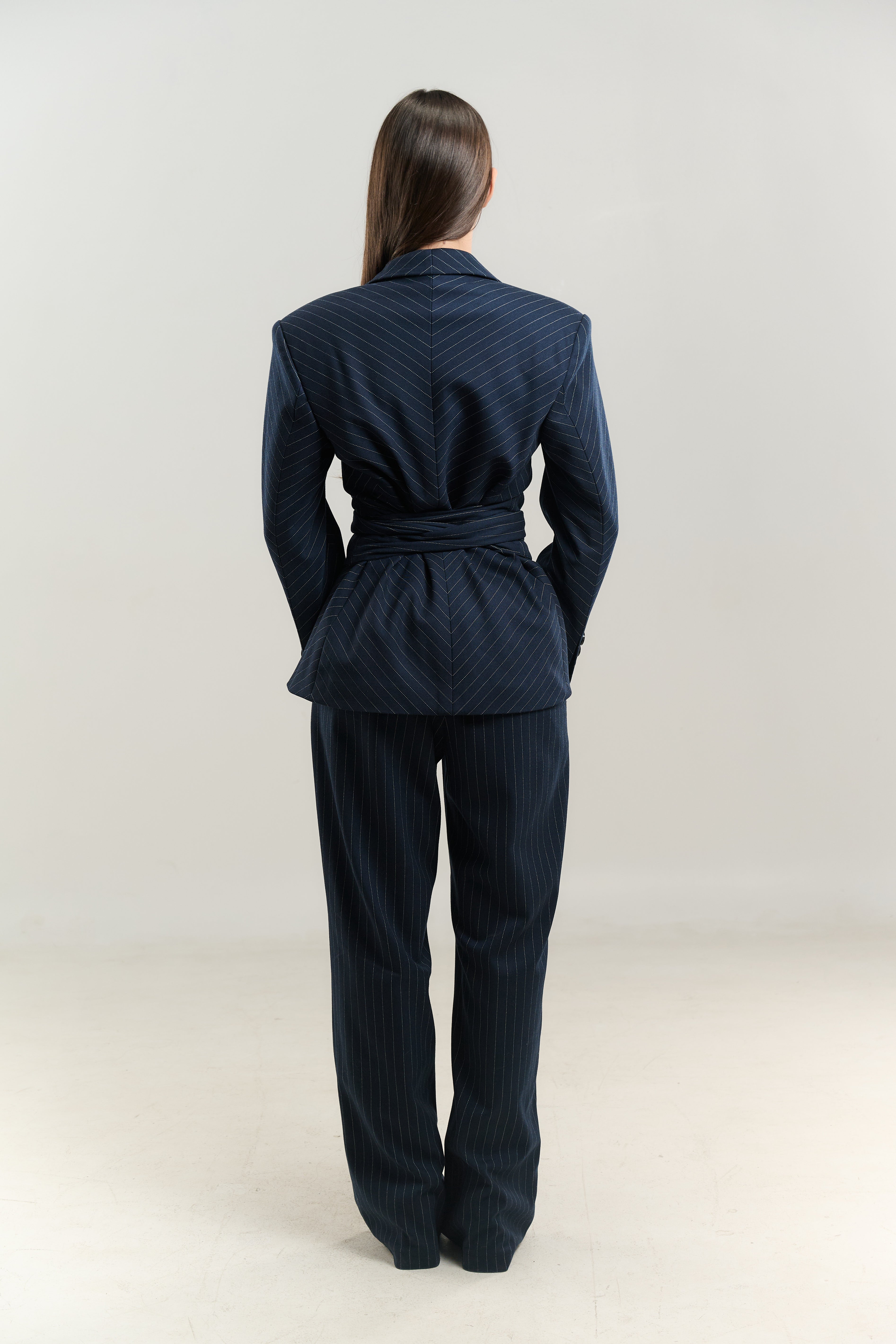 WOOL BLAZER CLEOPE WIDE BELT 100% WOOL FABRIC NAVY WHITE DOT LINING