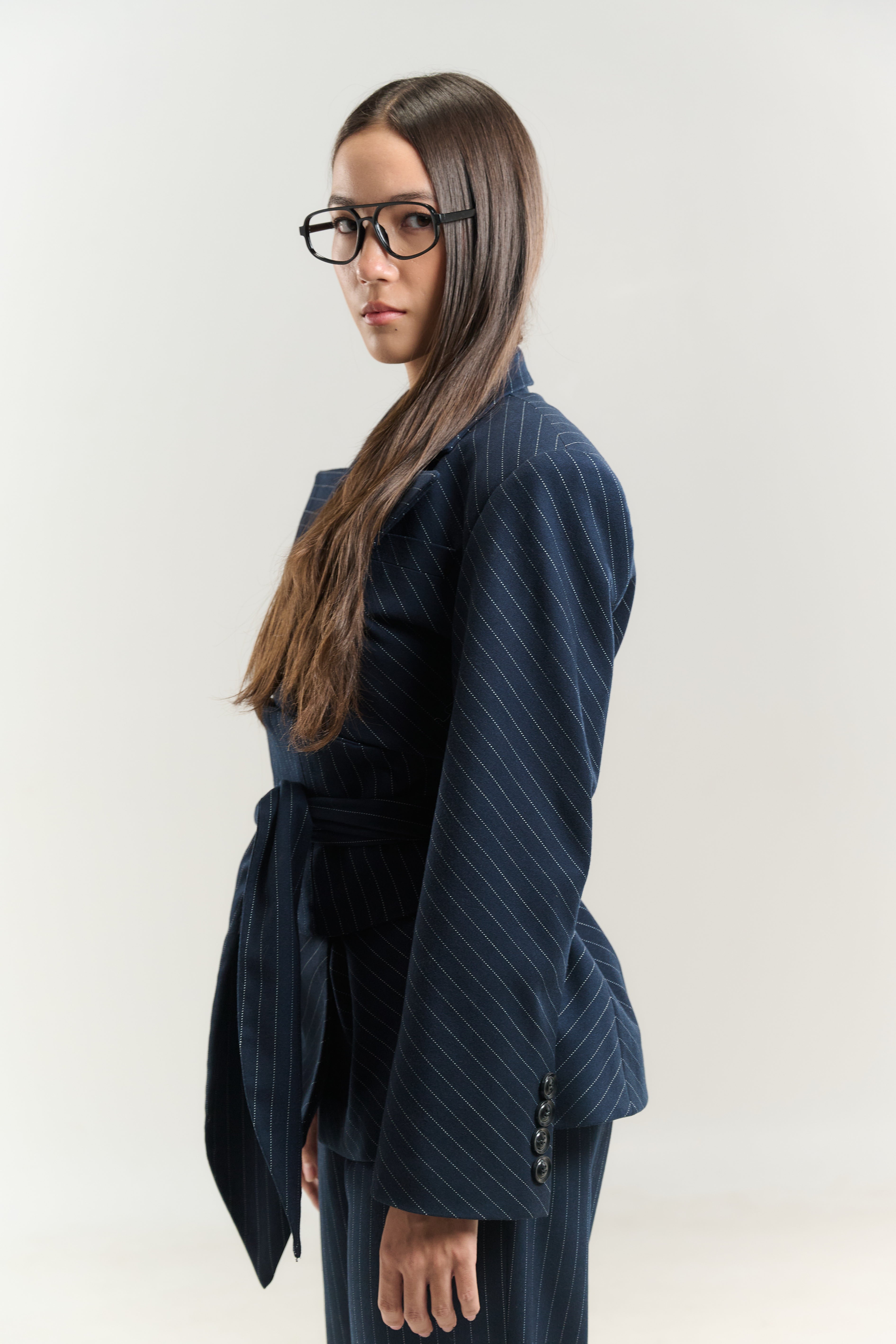 WOOL BLAZER CLEOPE WIDE BELT 100% WOOL FABRIC NAVY WHITE DOT LINING