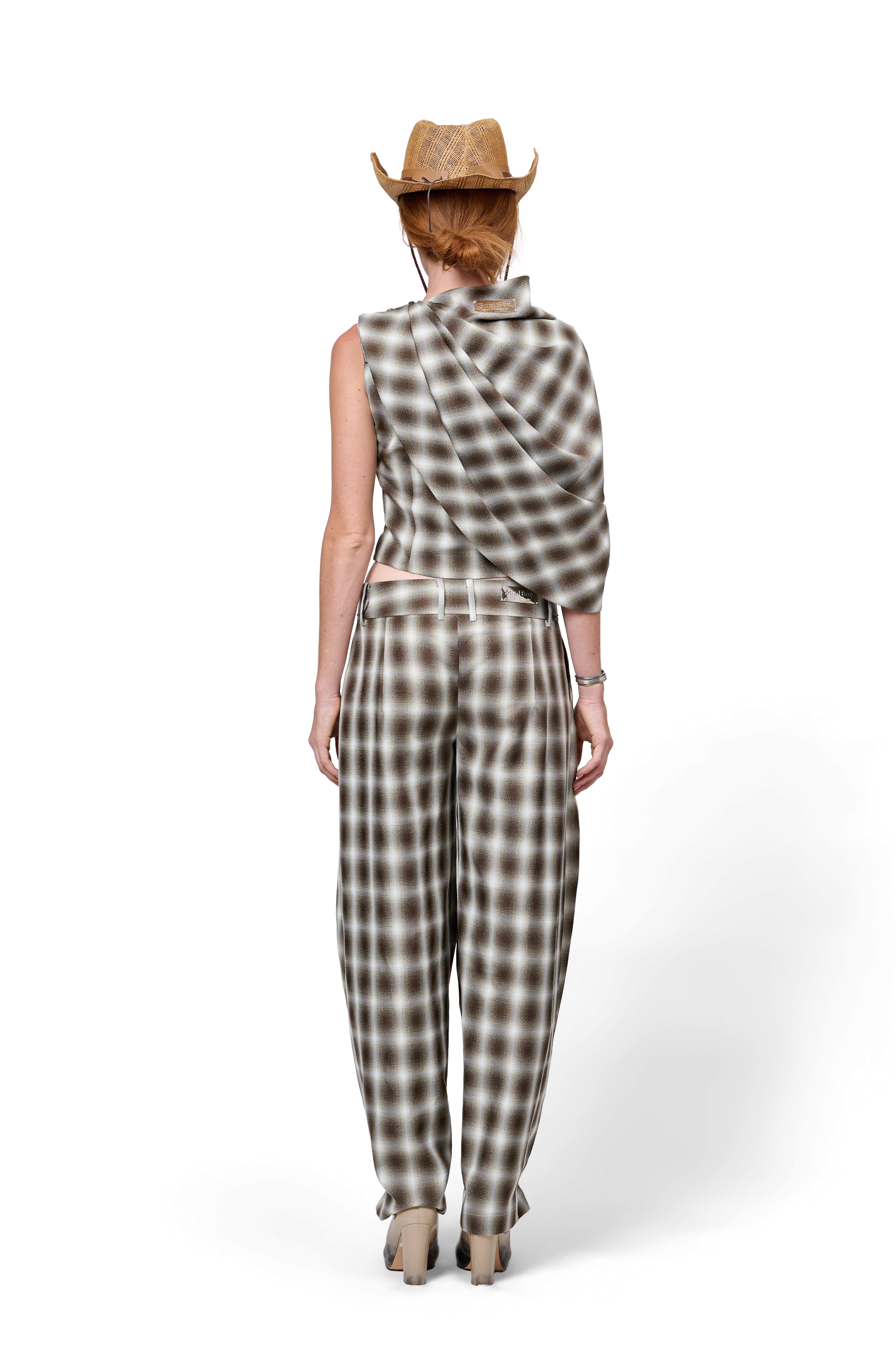 ASYMMETRICAL SLEEVELESS PLAID BLOUSE DRAPED SHOULDER HIGH WAIST LOOSE FIT PLAID TROUSERS