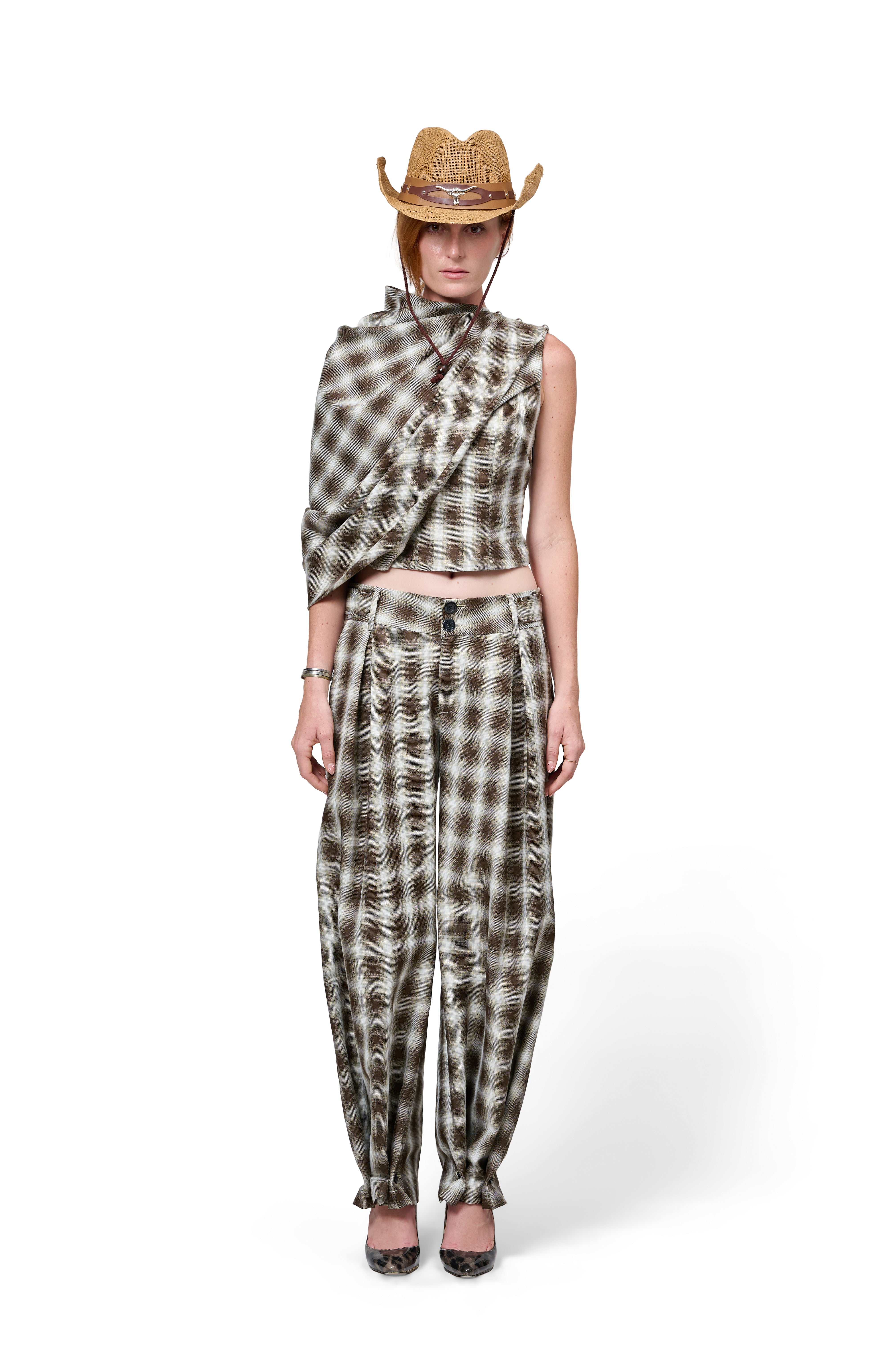 ASYMMETRICAL SLEEVELESS PLAID BLOUSE DRAPED SHOULDER HIGH WAIST LOOSE FIT PLAID TROUSERS