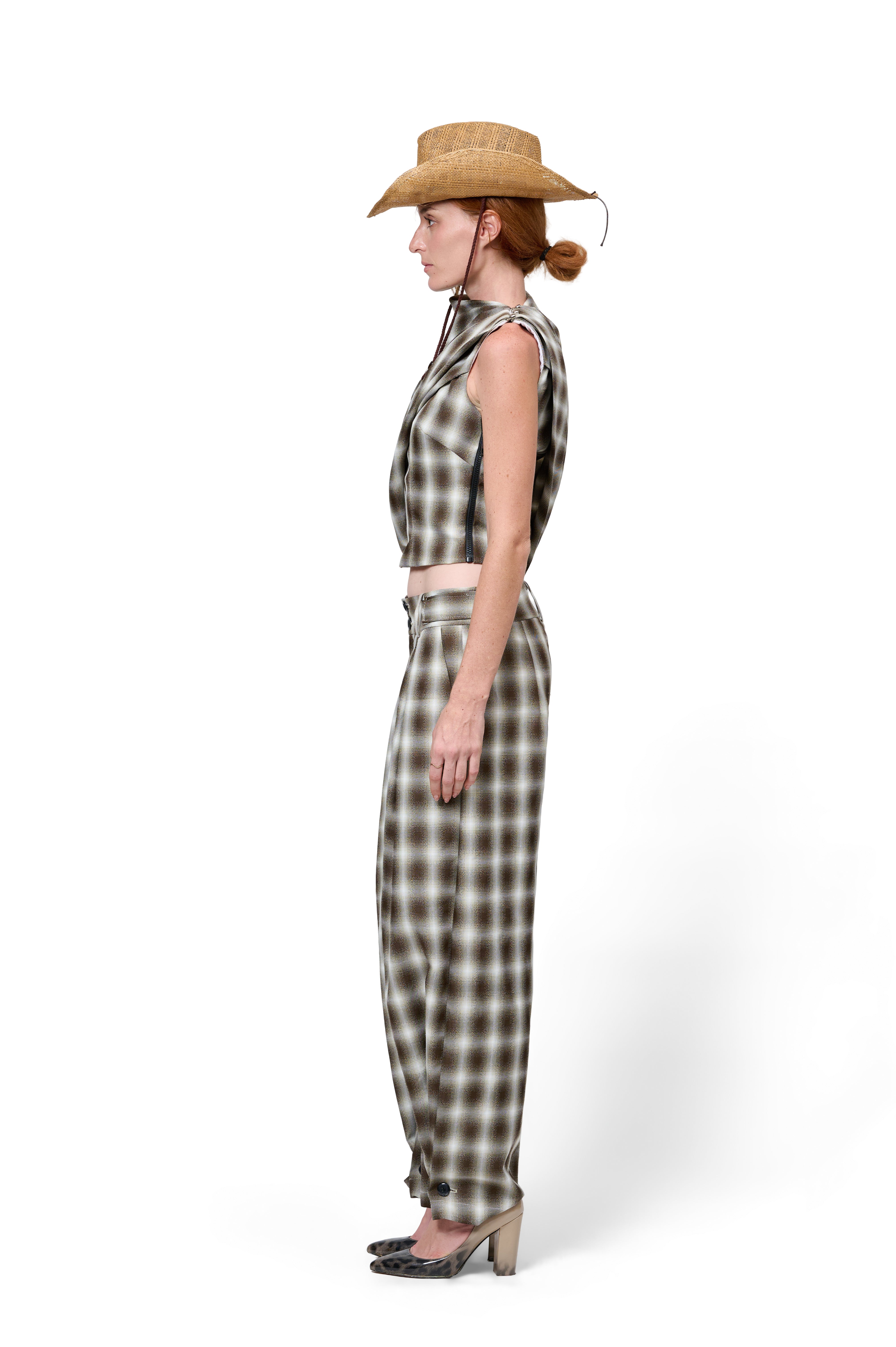 ASYMMETRICAL SLEEVELESS PLAID BLOUSE DRAPED SHOULDER HIGH WAIST LOOSE FIT PLAID TROUSERS