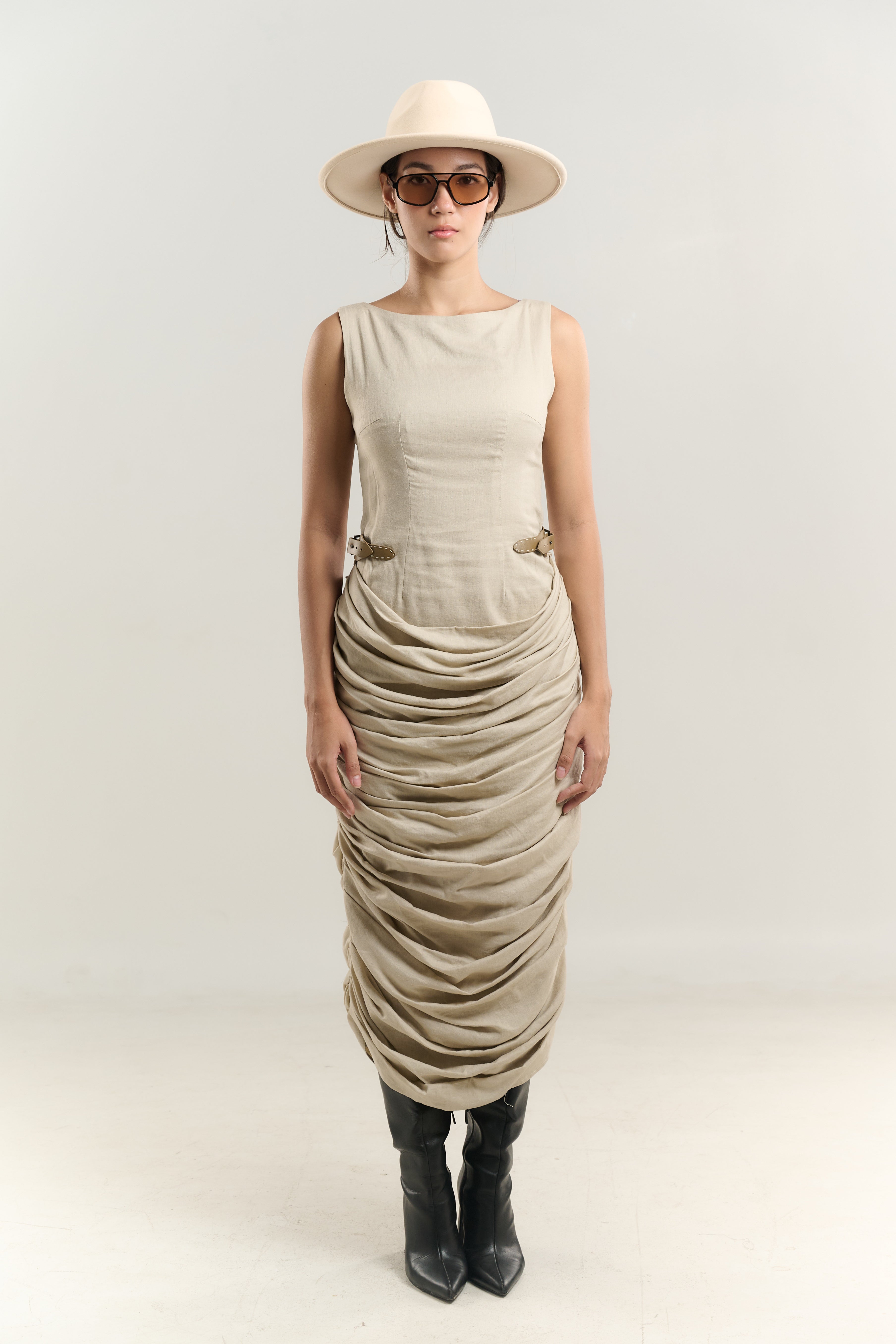 BATEAU DRESS SIDE BELT LAYERED BOTTOM COTTON FABRIC