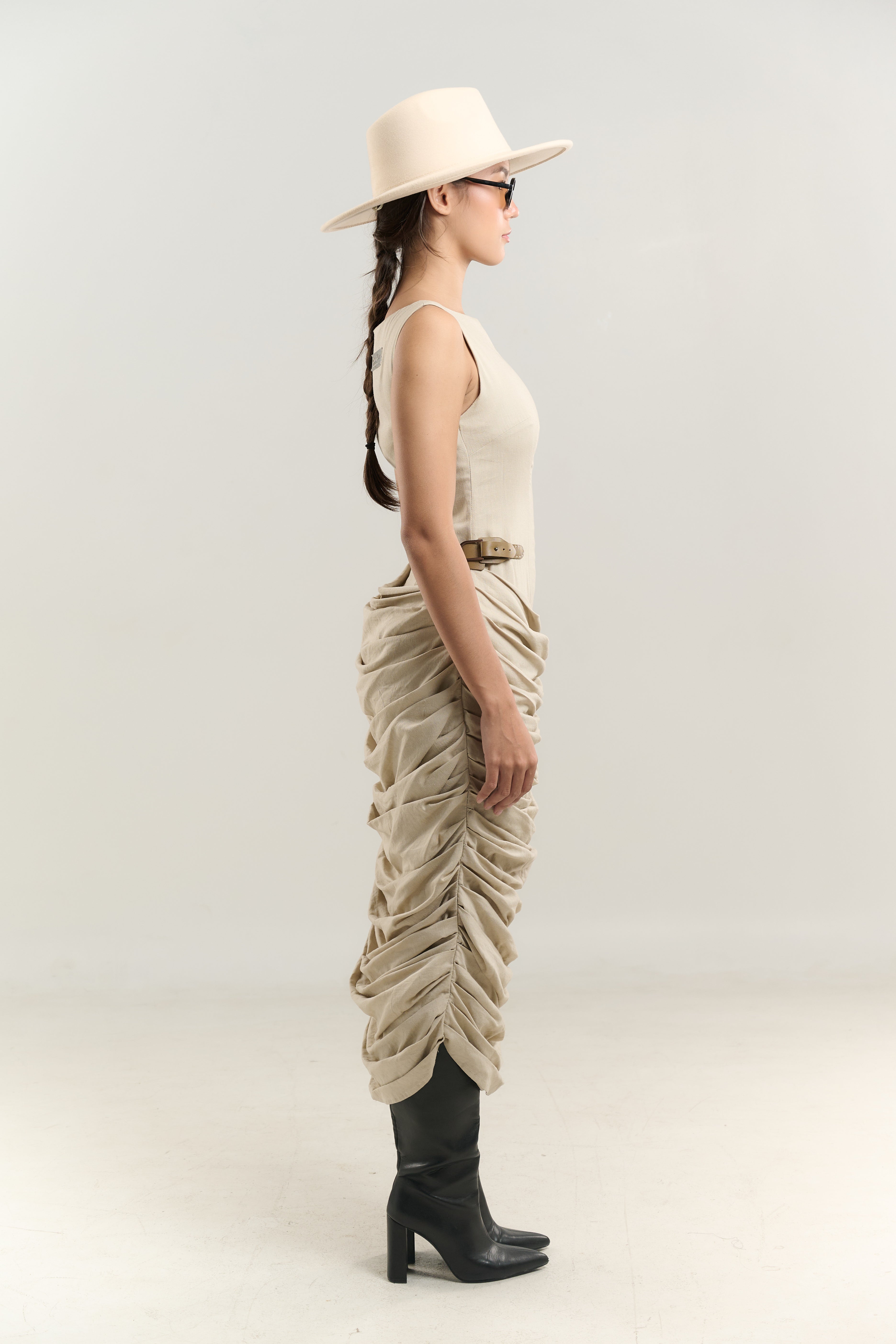 BATEAU DRESS SIDE BELT LAYERED BOTTOM COTTON FABRIC