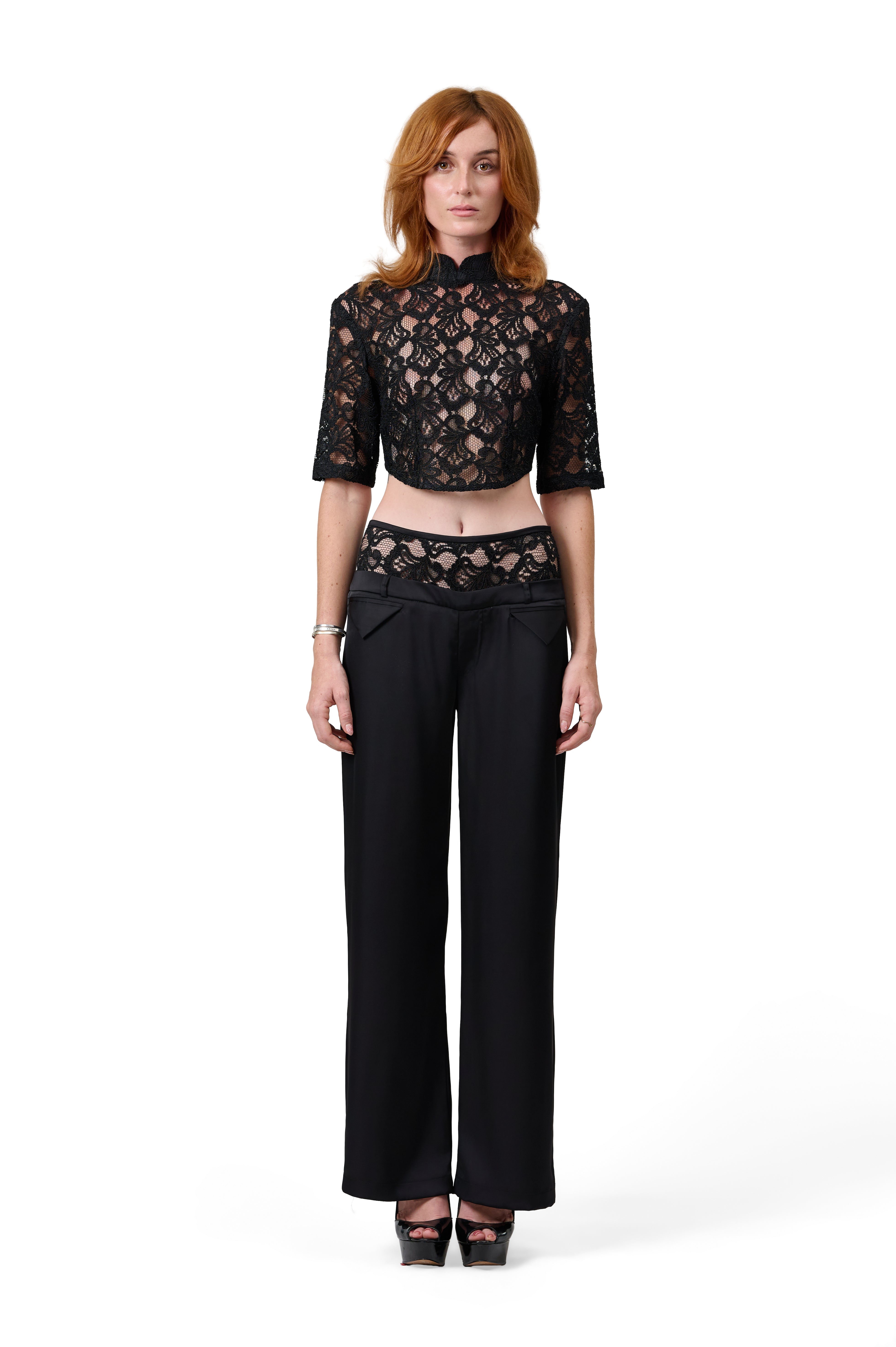 BLACK CROPPED LACE BLOUSE HALF SLEEVE HIGH NECK HIGH WAISTED WIDE LEG TROUSERS SLEEK BLACK FABRIC