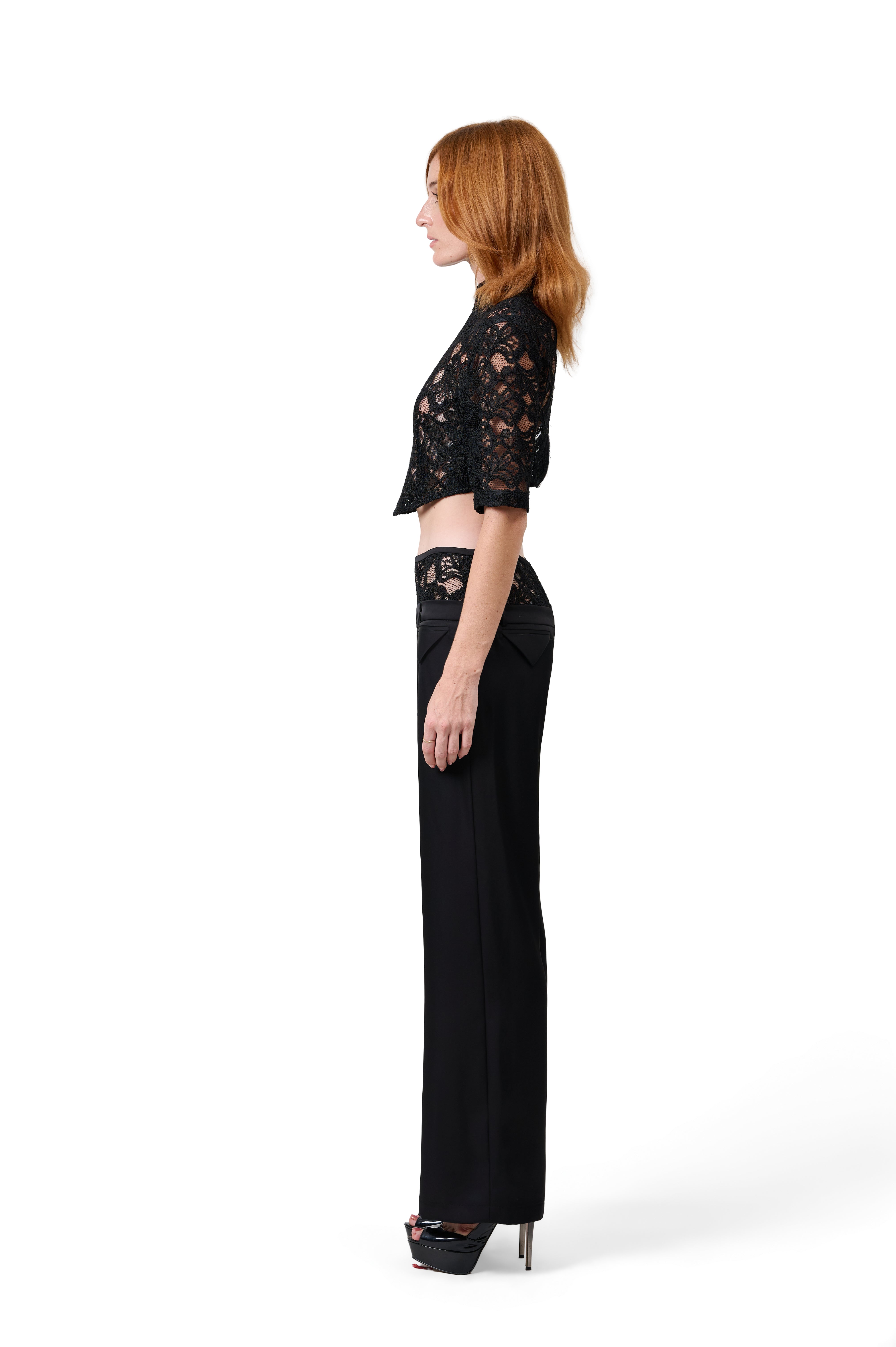 BLACK CROPPED LACE BLOUSE HALF SLEEVE HIGH NECK HIGH WAISTED WIDE LEG TROUSERS SLEEK BLACK FABRIC