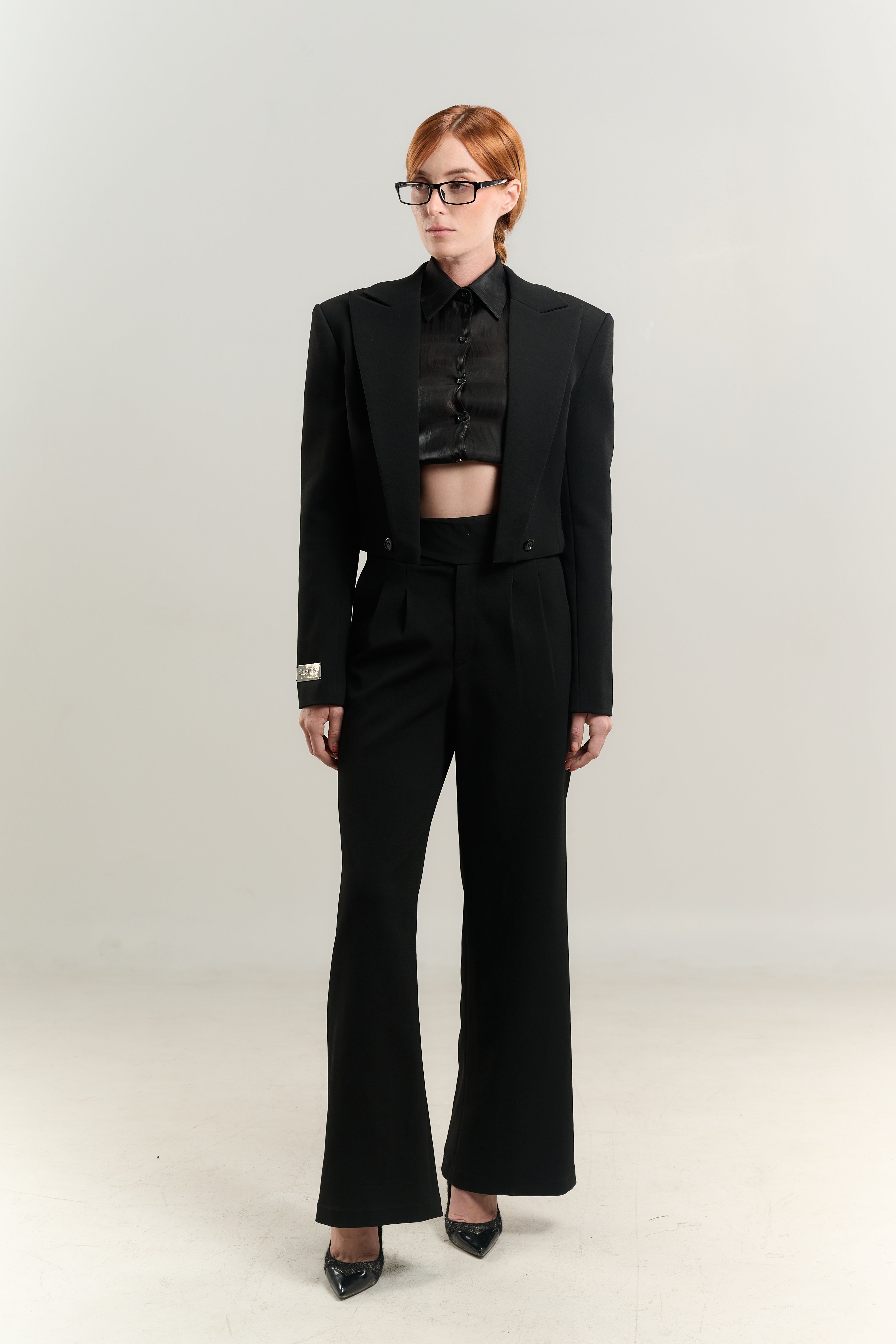 BLACK JUMPSUIT BLAZER NECK WITH SATIN TOP DOUBLE BREASTED SIDE BELT PANTS