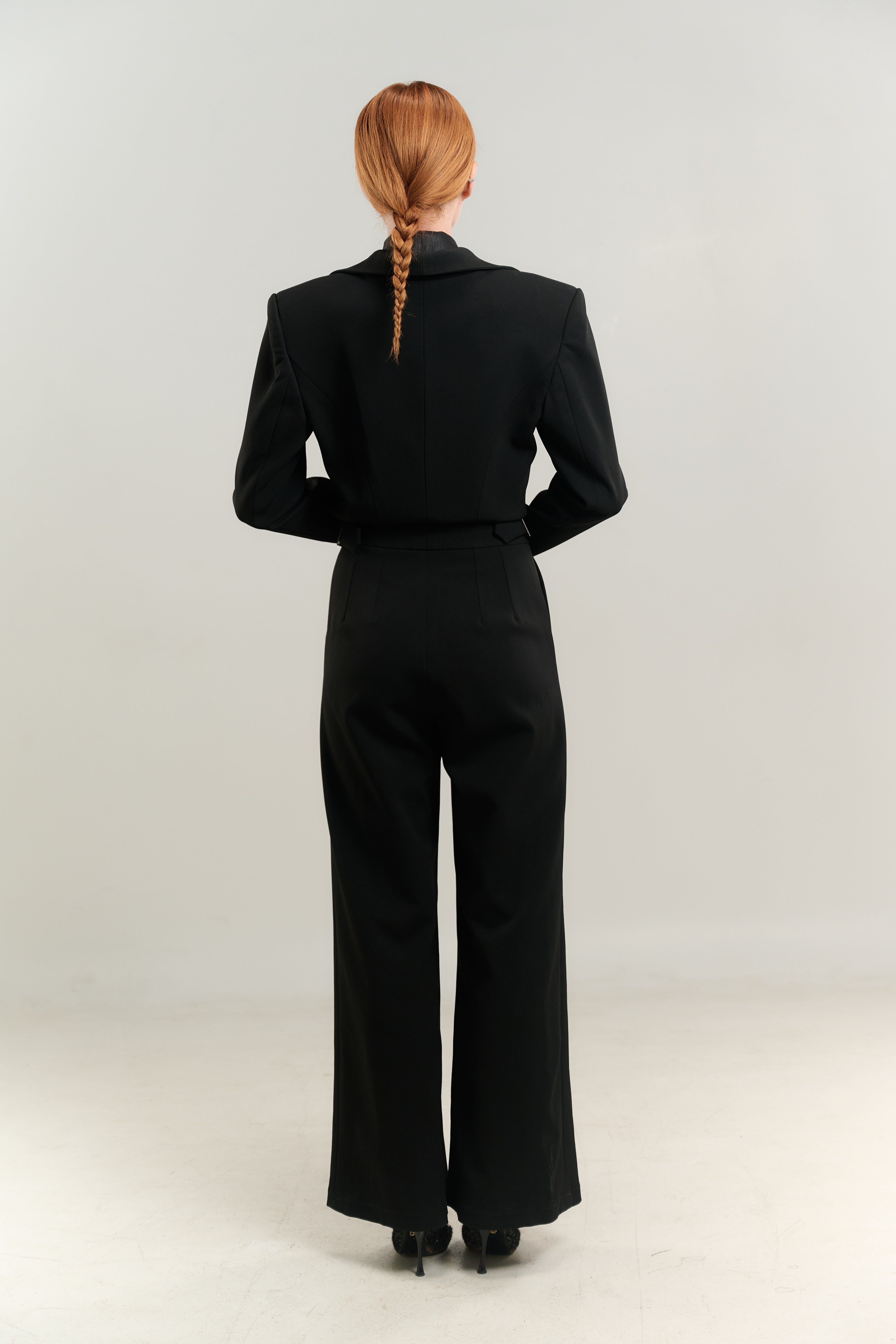 BLACK JUMPSUIT BLAZER NECK WITH SATIN TOP DOUBLE BREASTED SIDE BELT PANTS