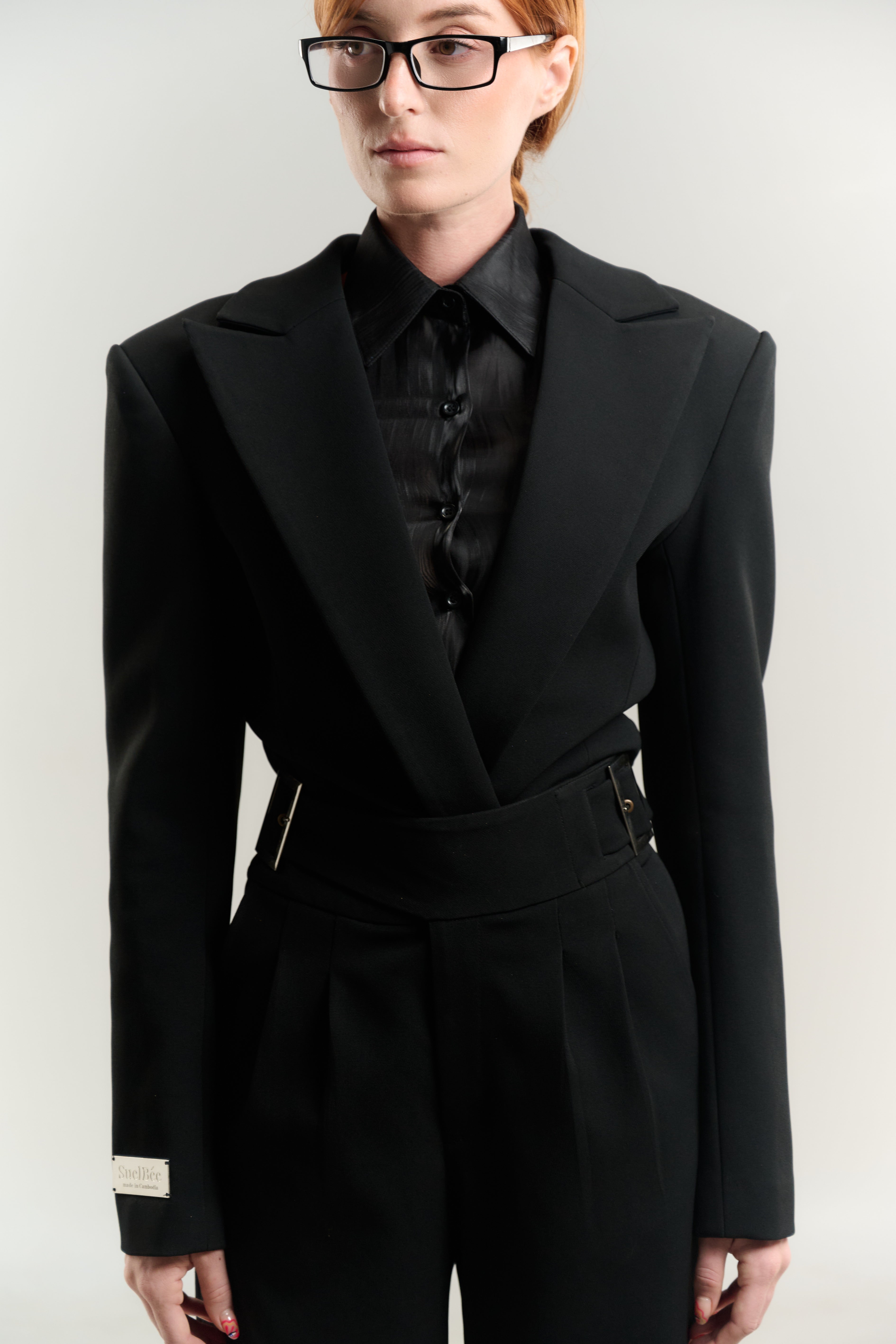 BLACK JUMPSUIT BLAZER NECK WITH SATIN TOP DOUBLE BREASTED SIDE BELT PANTS