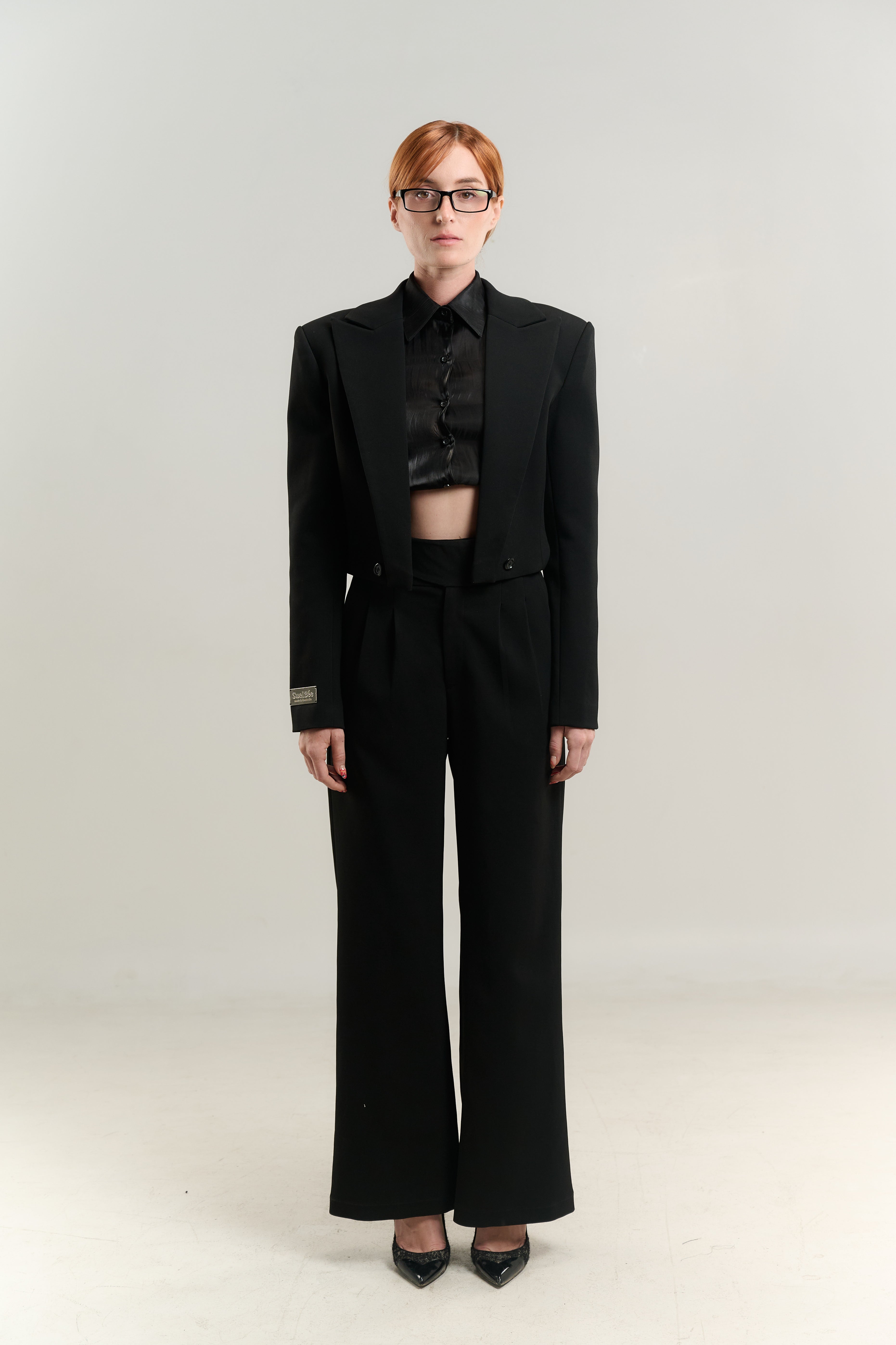 BLACK JUMPSUIT BLAZER NECK WITH SATIN TOP DOUBLE BREASTED SIDE BELT PANTS