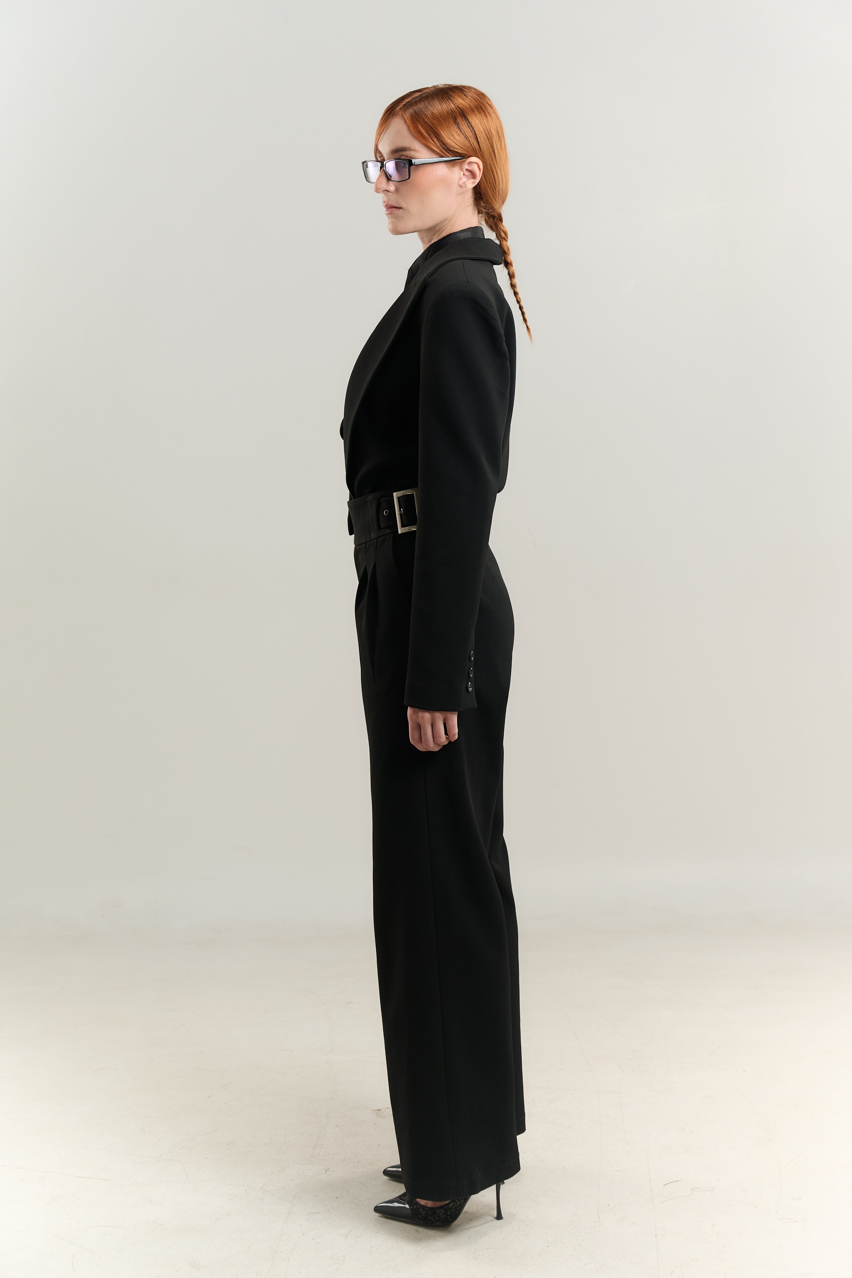 BLACK JUMPSUIT BLAZER NECK WITH SATIN TOP DOUBLE BREASTED SIDE BELT PANTS