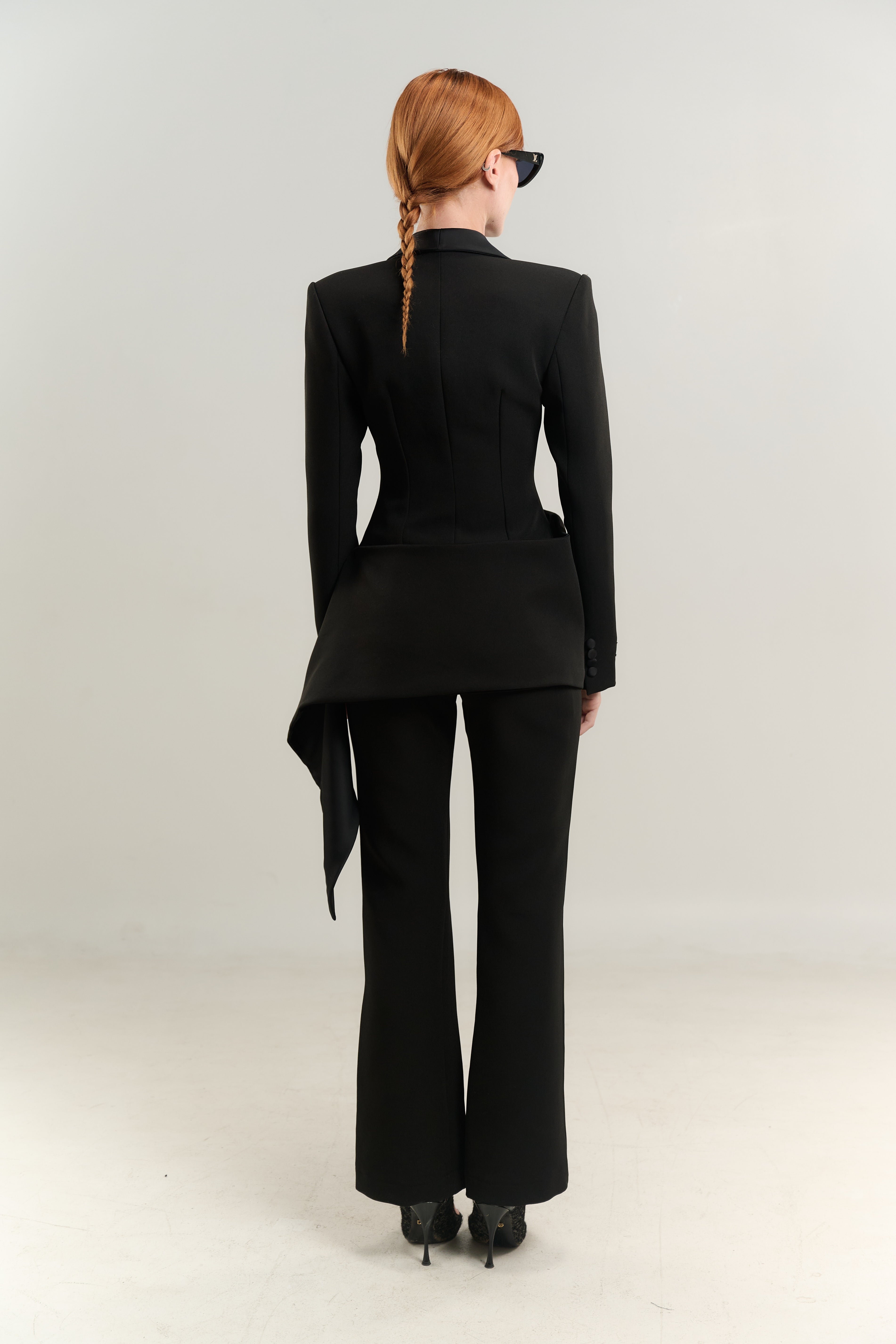 BLACK SUIT BLAZER SATIN NECK EASED WAIST DOUBLE BREASTED SIDE