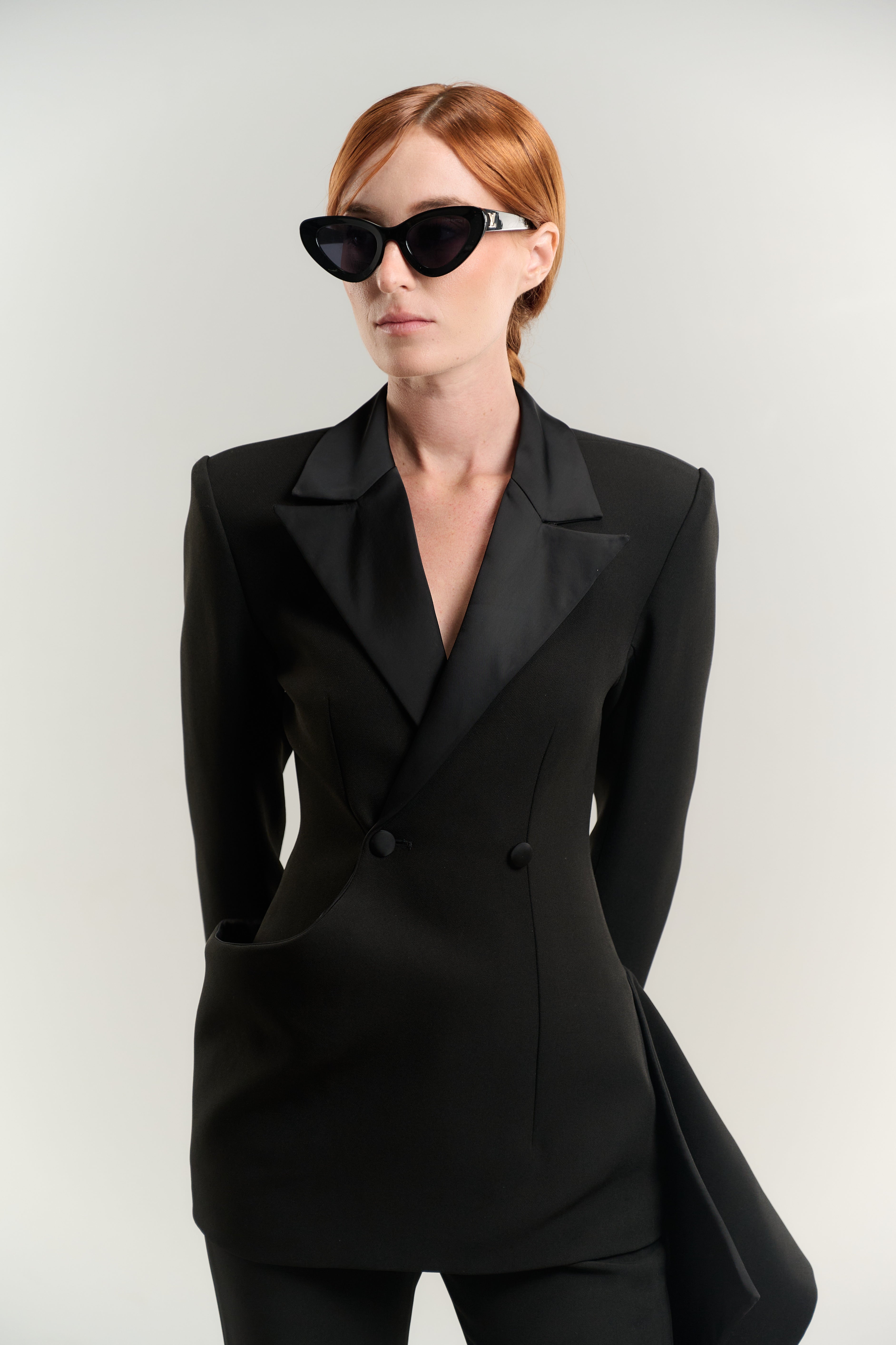 BLACK SUIT BLAZER SATIN NECK EASED WAIST DOUBLE BREASTED SIDE