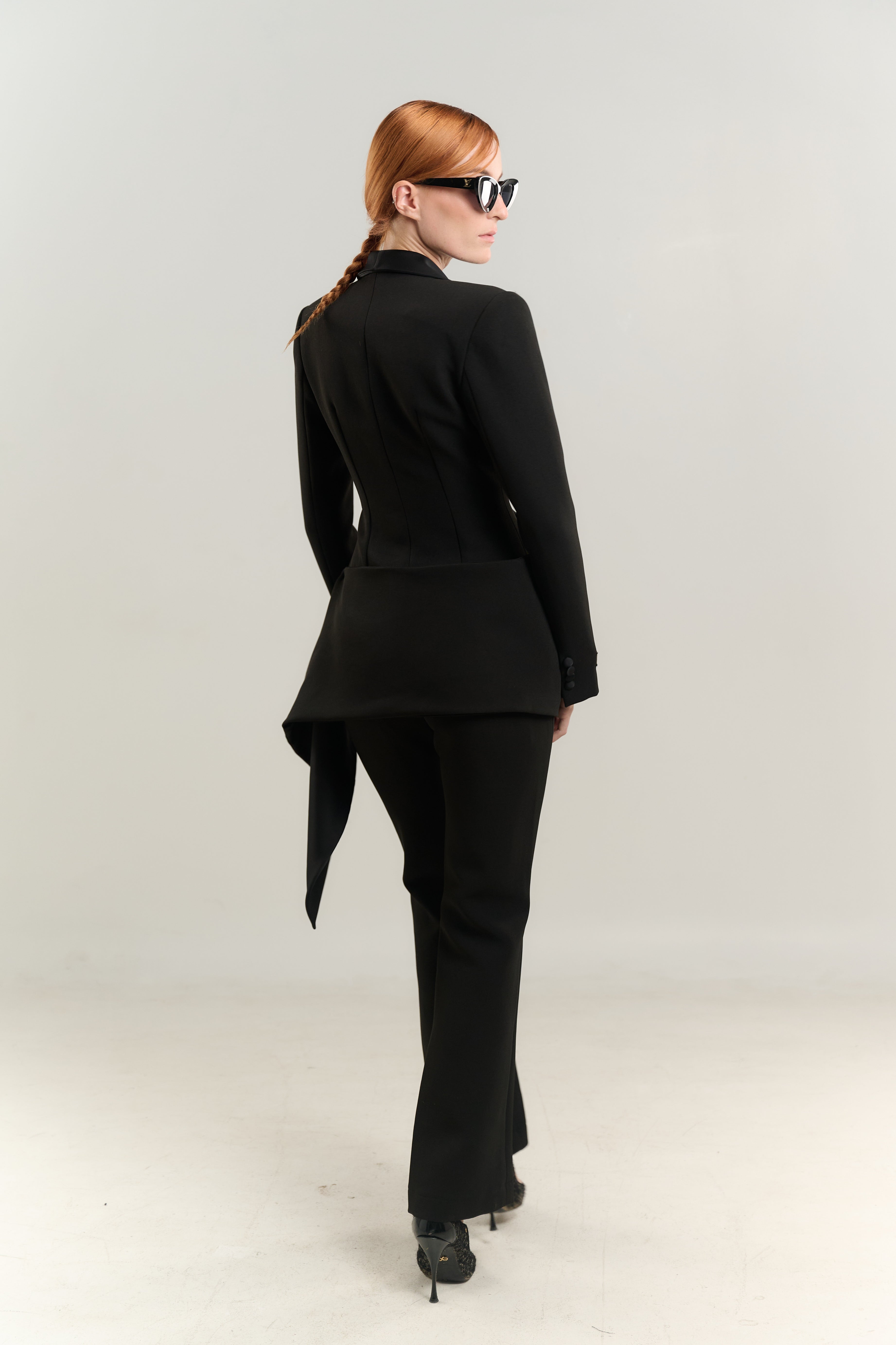 BLACK SUIT BLAZER SATIN NECK EASED WAIST DOUBLE BREASTED SIDE