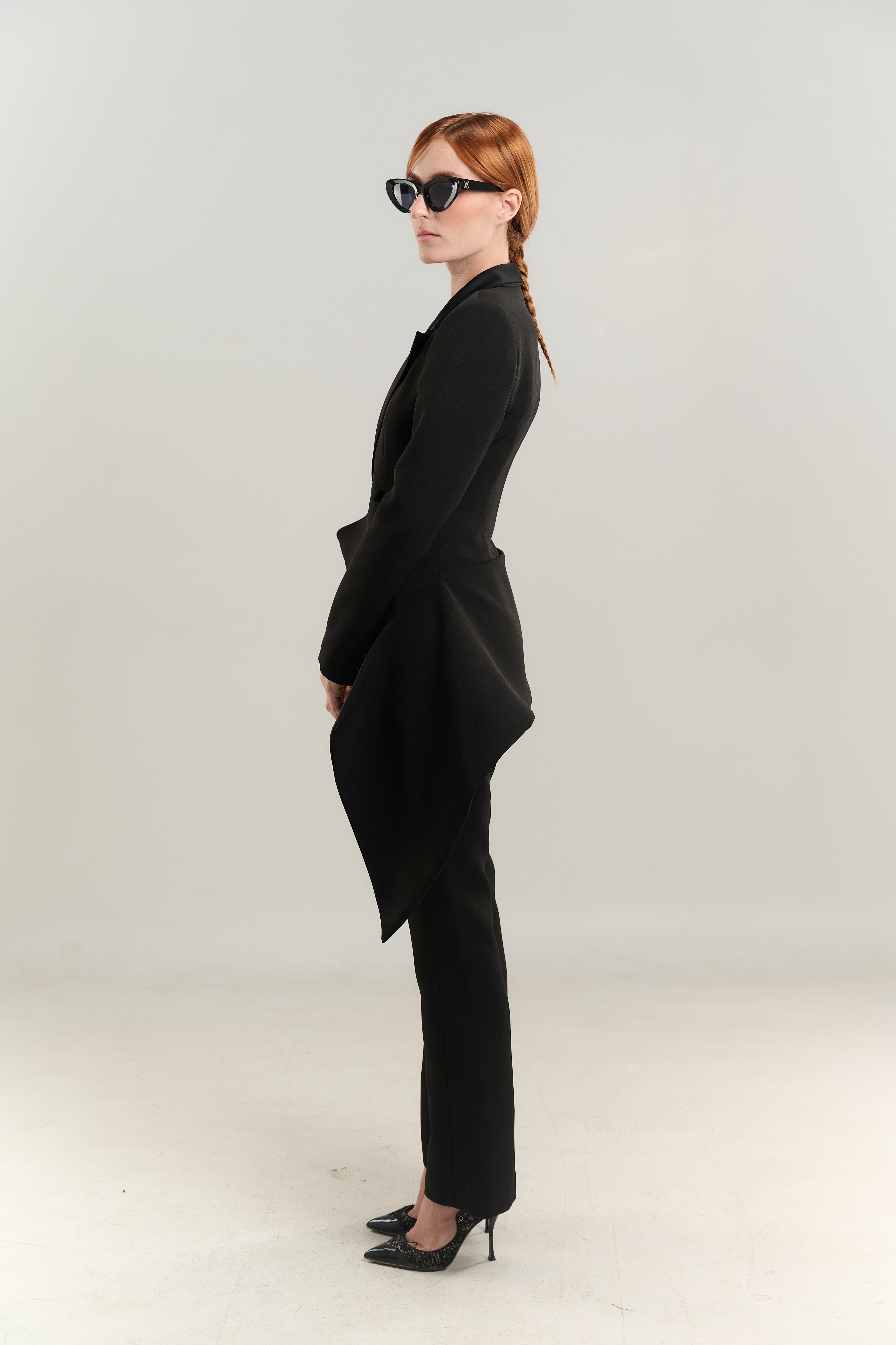 BLACK SUIT BLAZER SATIN NECK EASED WAIST DOUBLE BREASTED SIDE