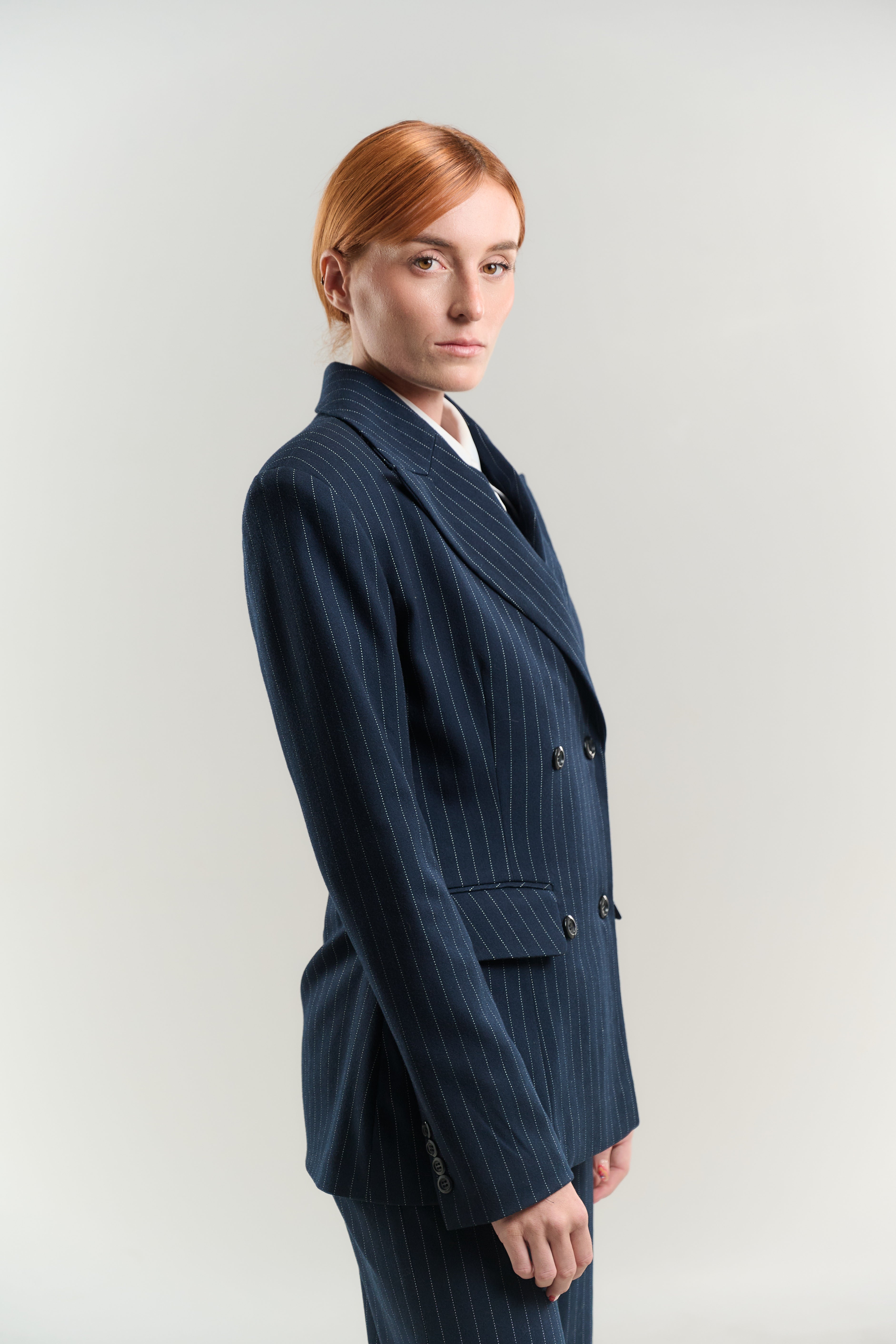 BLAZER DOUBLE BREASTED 4 BUTTONS 100% ITALIAN WOOL NAVY WHITE DOT LINING