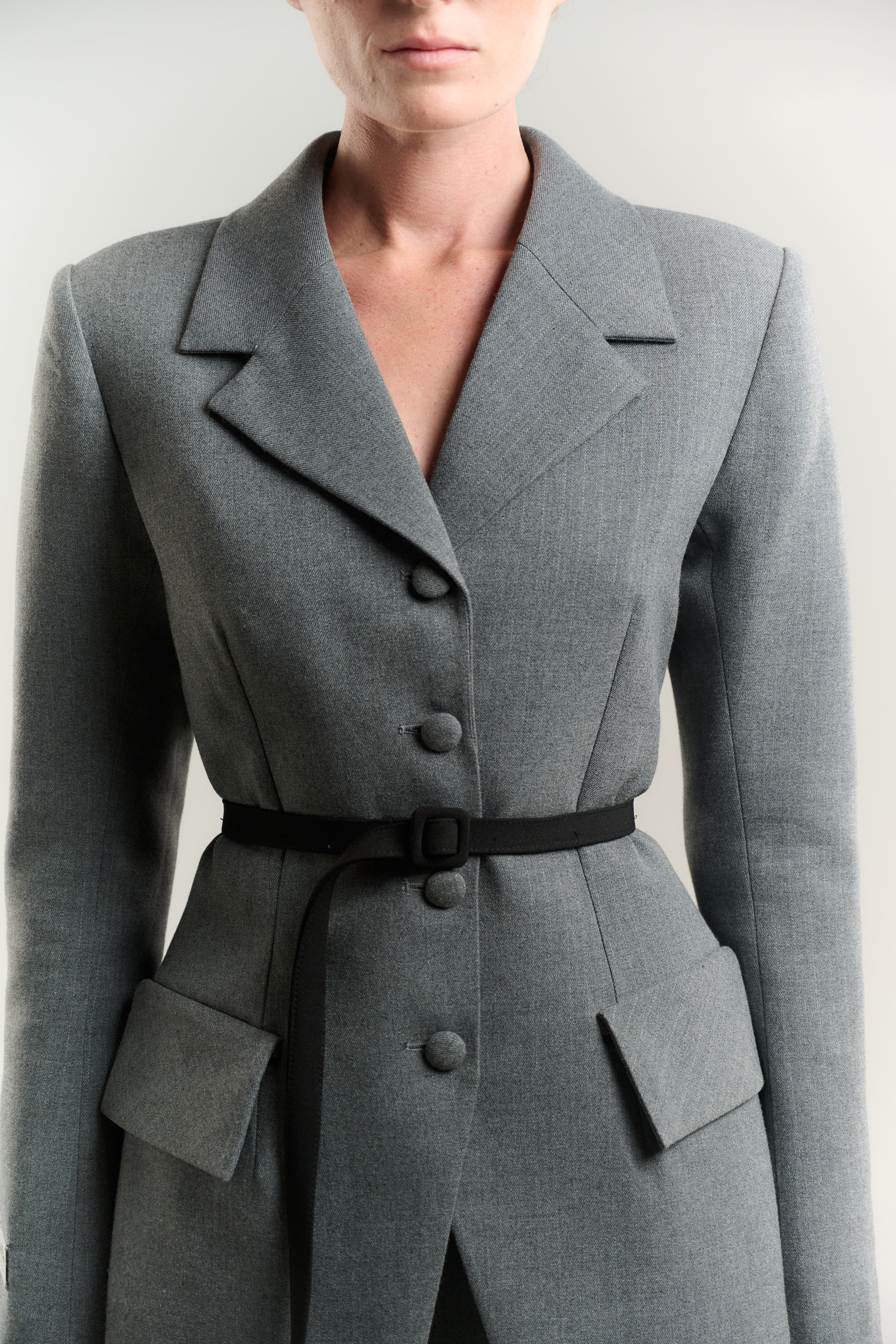 BLAZER WITH GATHERED LONG SKIRT JETTED POCKETS WITH FLAP SINGLE BREASTED WITH BELT