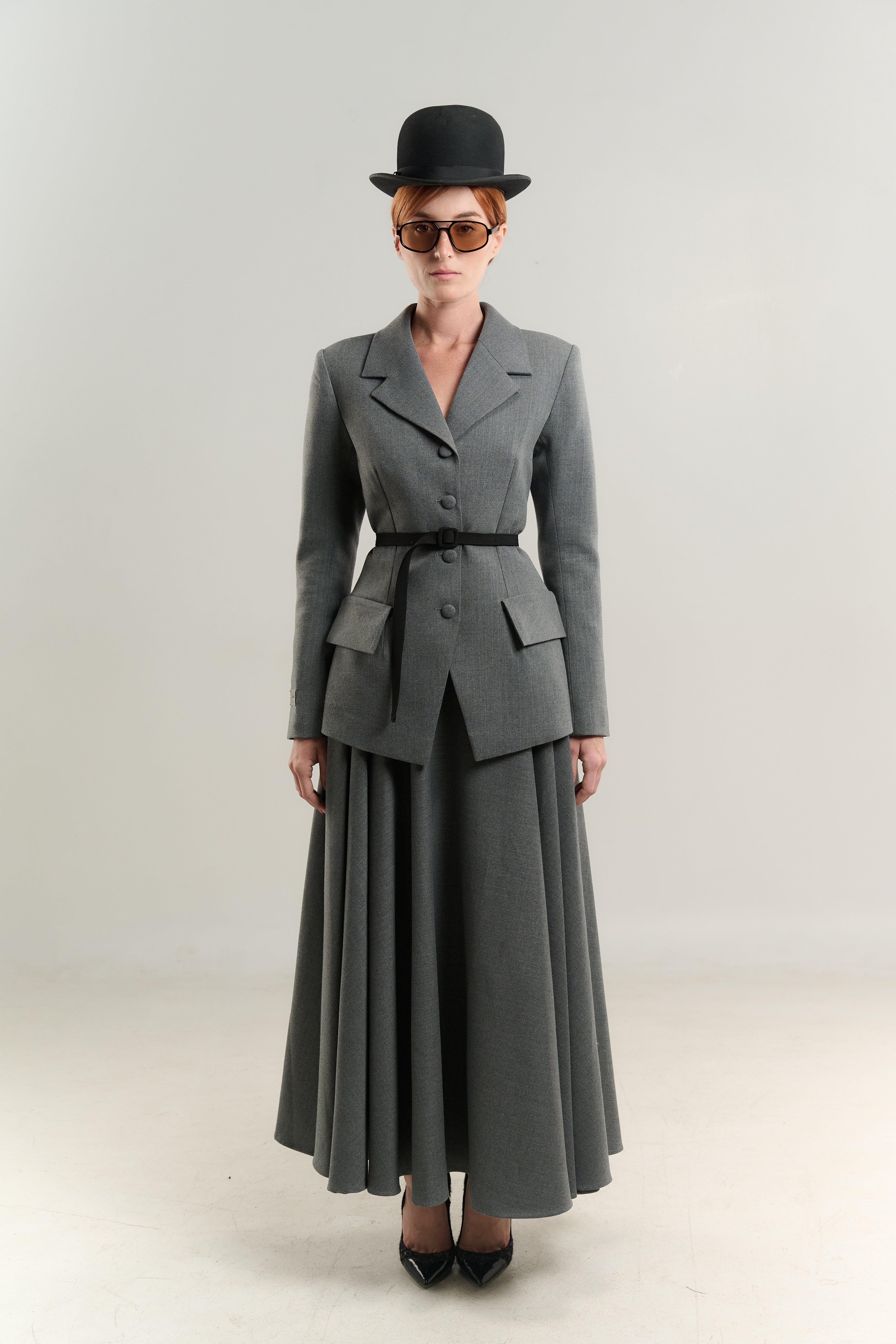 BLAZER WITH GATHERED LONG SKIRT JETTED POCKETS WITH FLAP SINGLE BREASTED WITH BELT